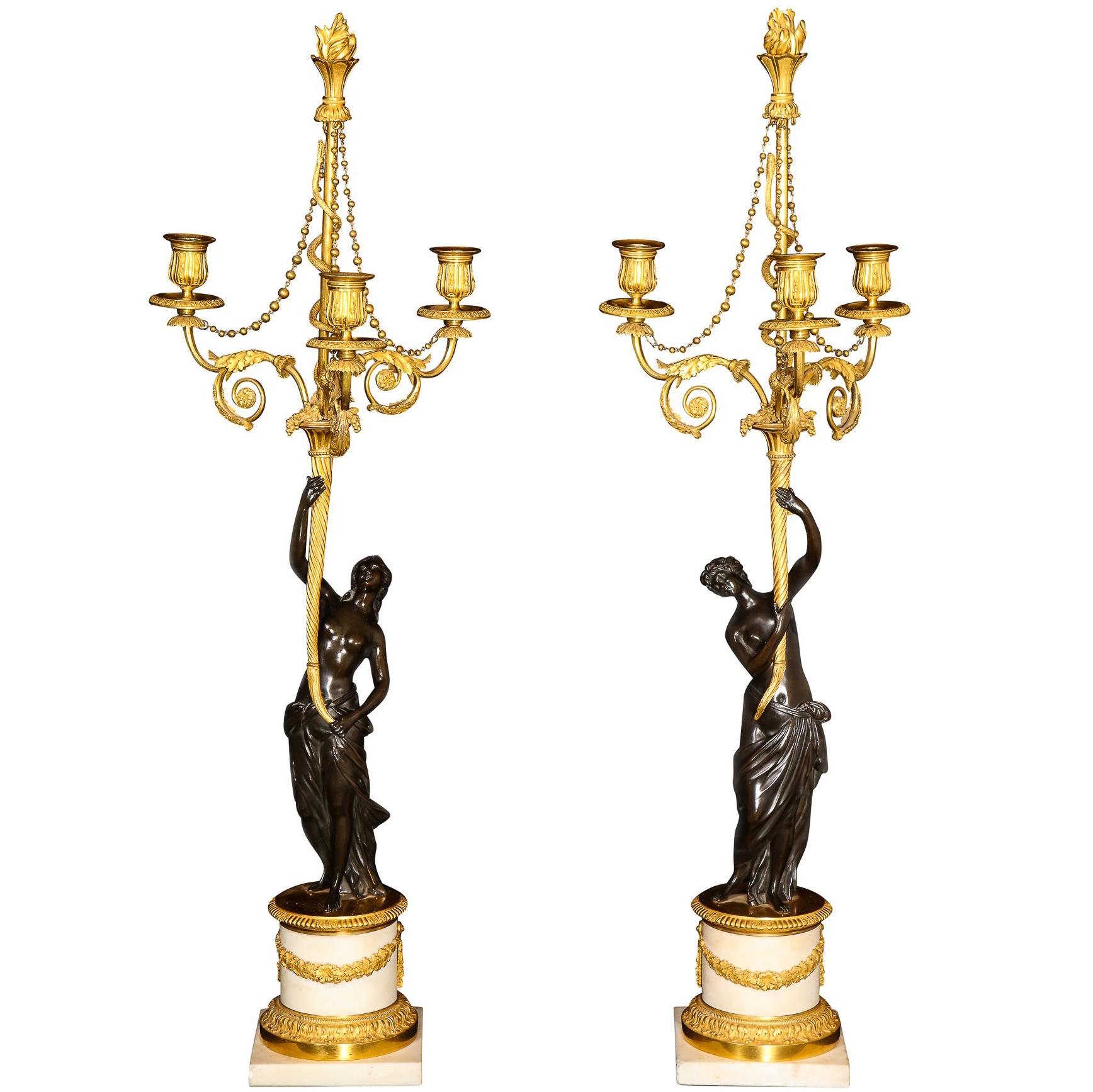 Pair of Large Antique French Louis XVI Figural Gilt Bronze & Marble Candelabras