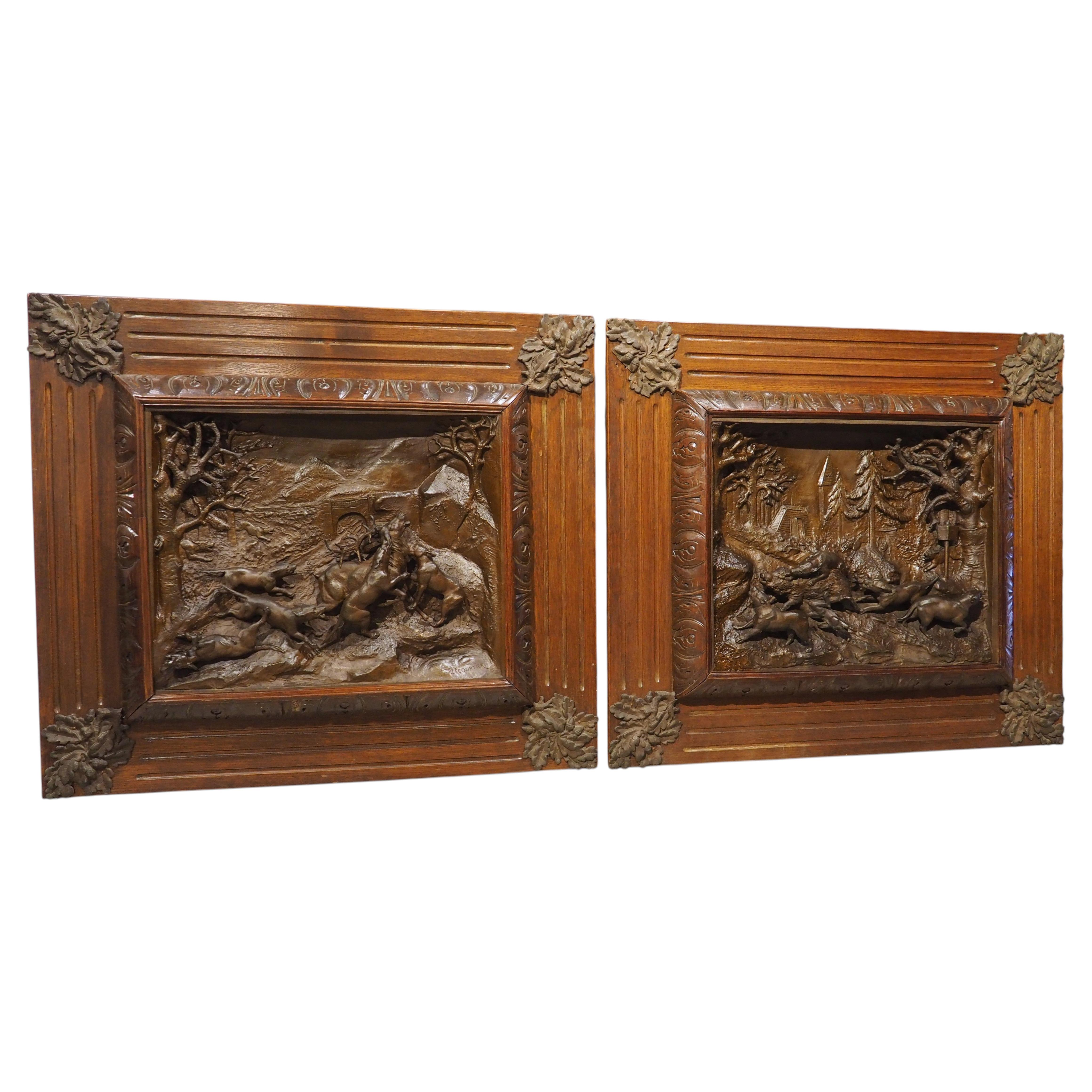 Pair of Large Antique French Oak Framed Hunt Plaques, P. Lecourtier (1851-1925)