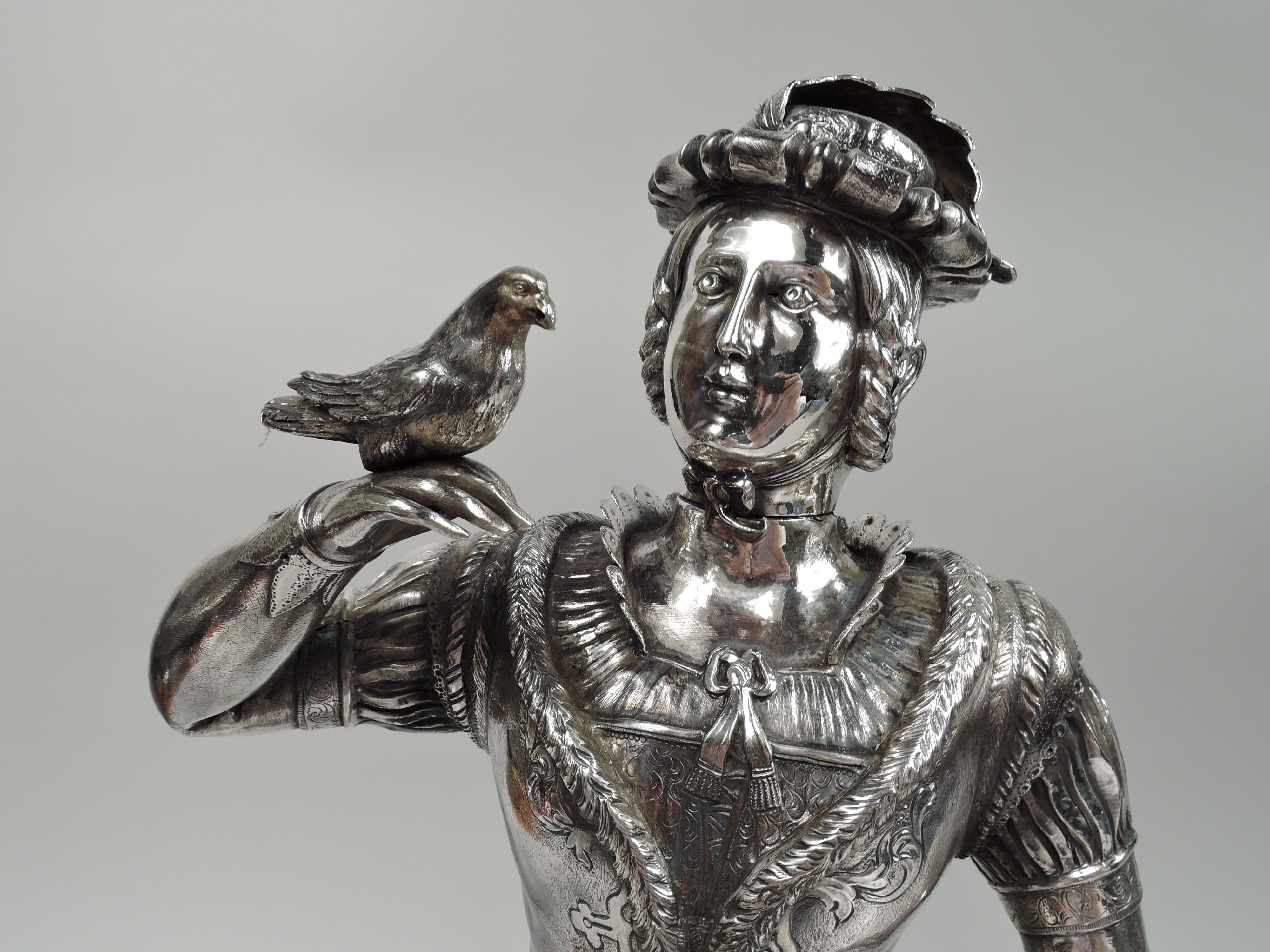 German Pair of Silver Figures Le Sonneur d’Olifant & La Dame au Faucon After Moine For Sale