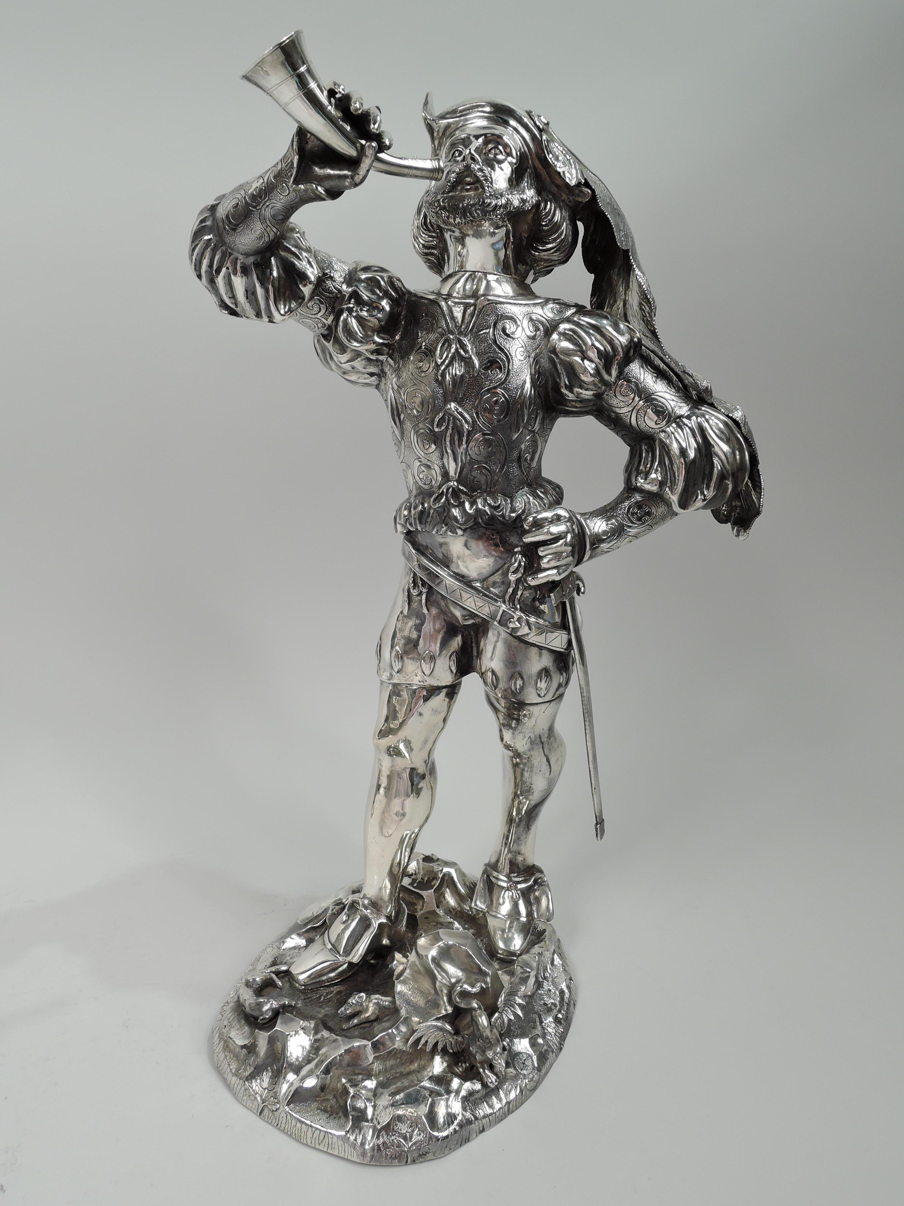Pair of Silver Figures Le Sonneur d’Olifant & La Dame au Faucon After Moine For Sale 1