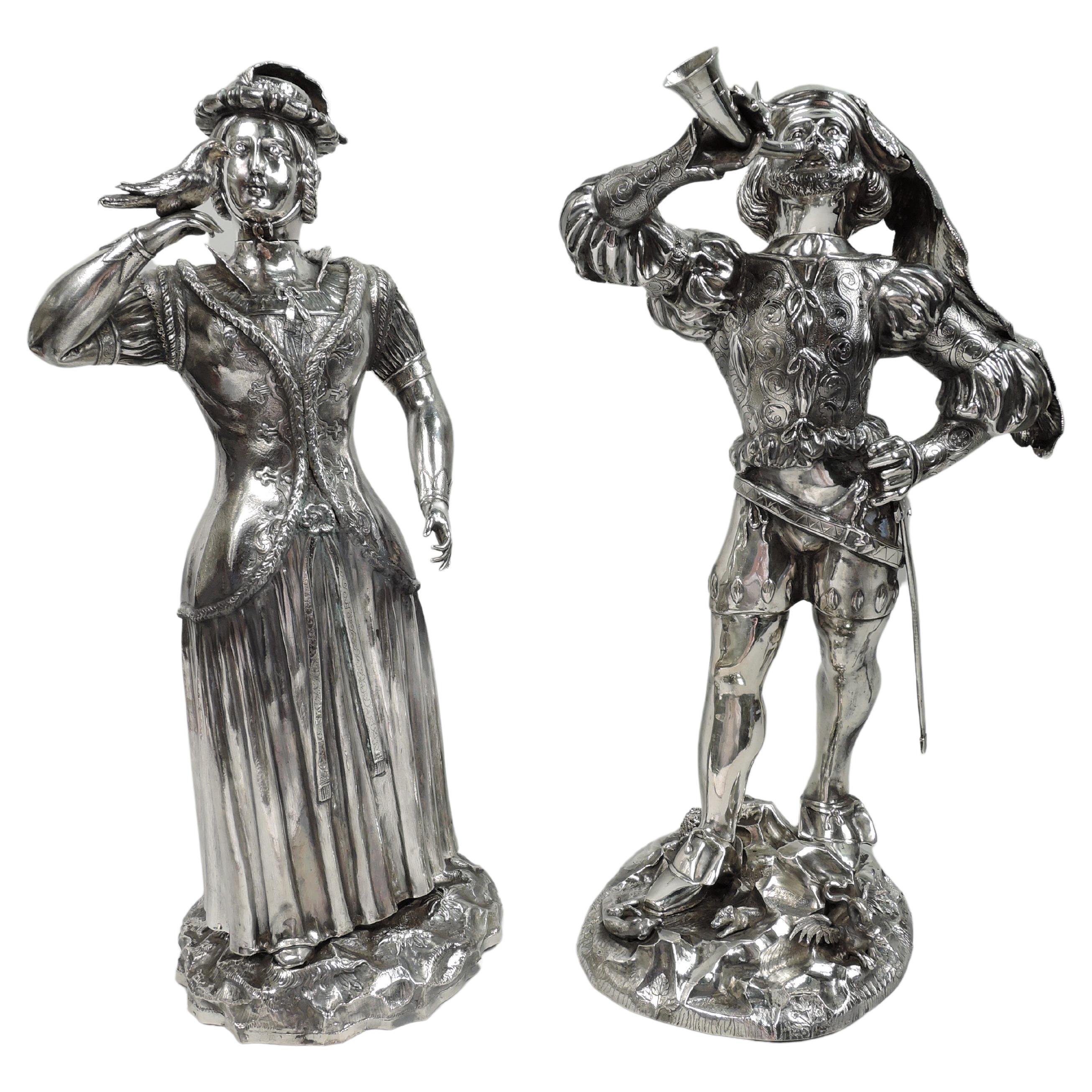 Pair of Silver Figures Le Sonneur d’Olifant & La Dame au Faucon After Moine For Sale