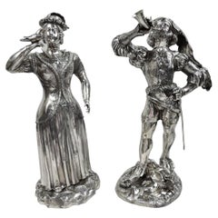 Pair of Silver Figures Le Sonneur d’Olifant & La Dame au Faucon After Moine