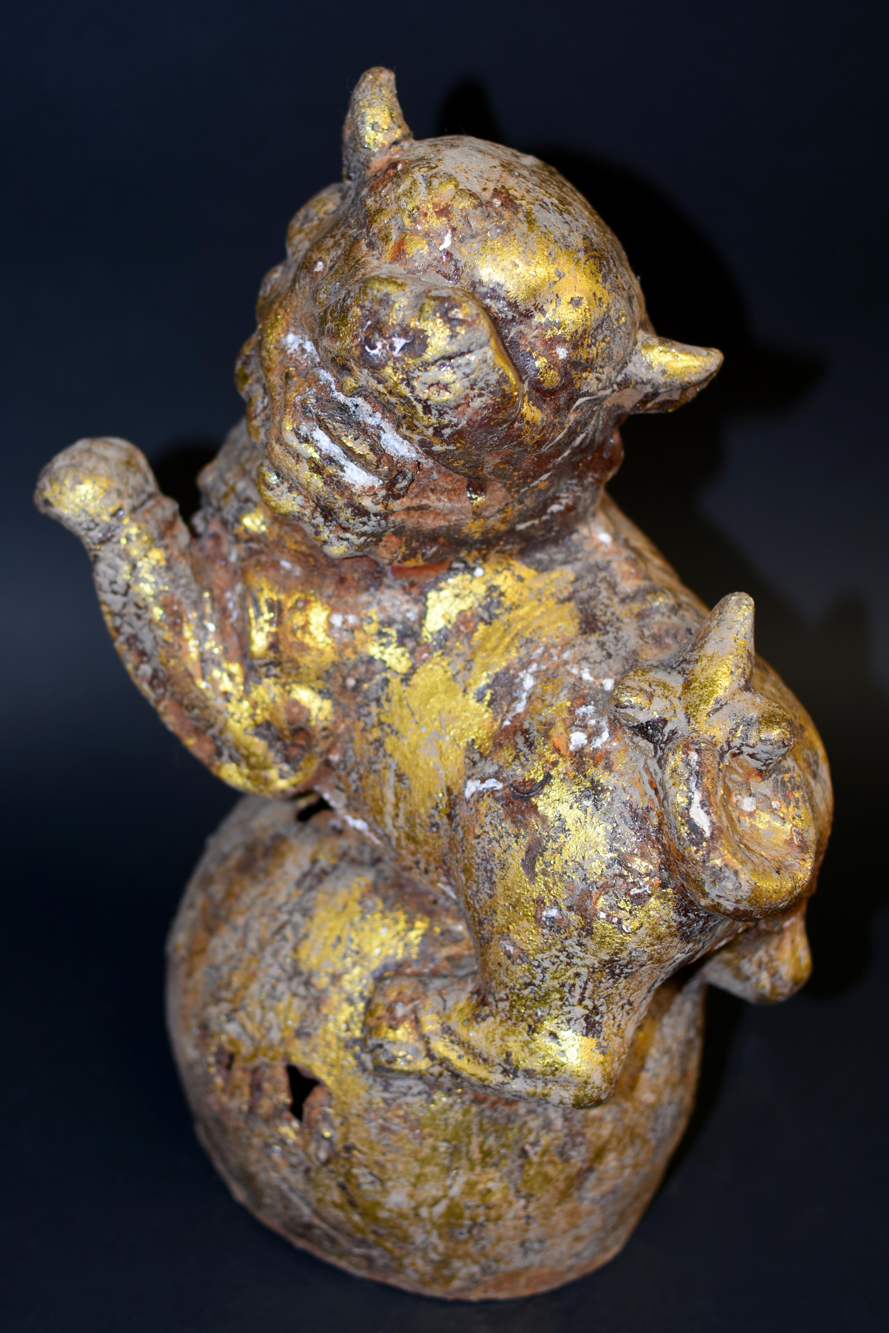 Pair of Large Antique Gilded Iron Foo Dogs 40 lb For Sale 8