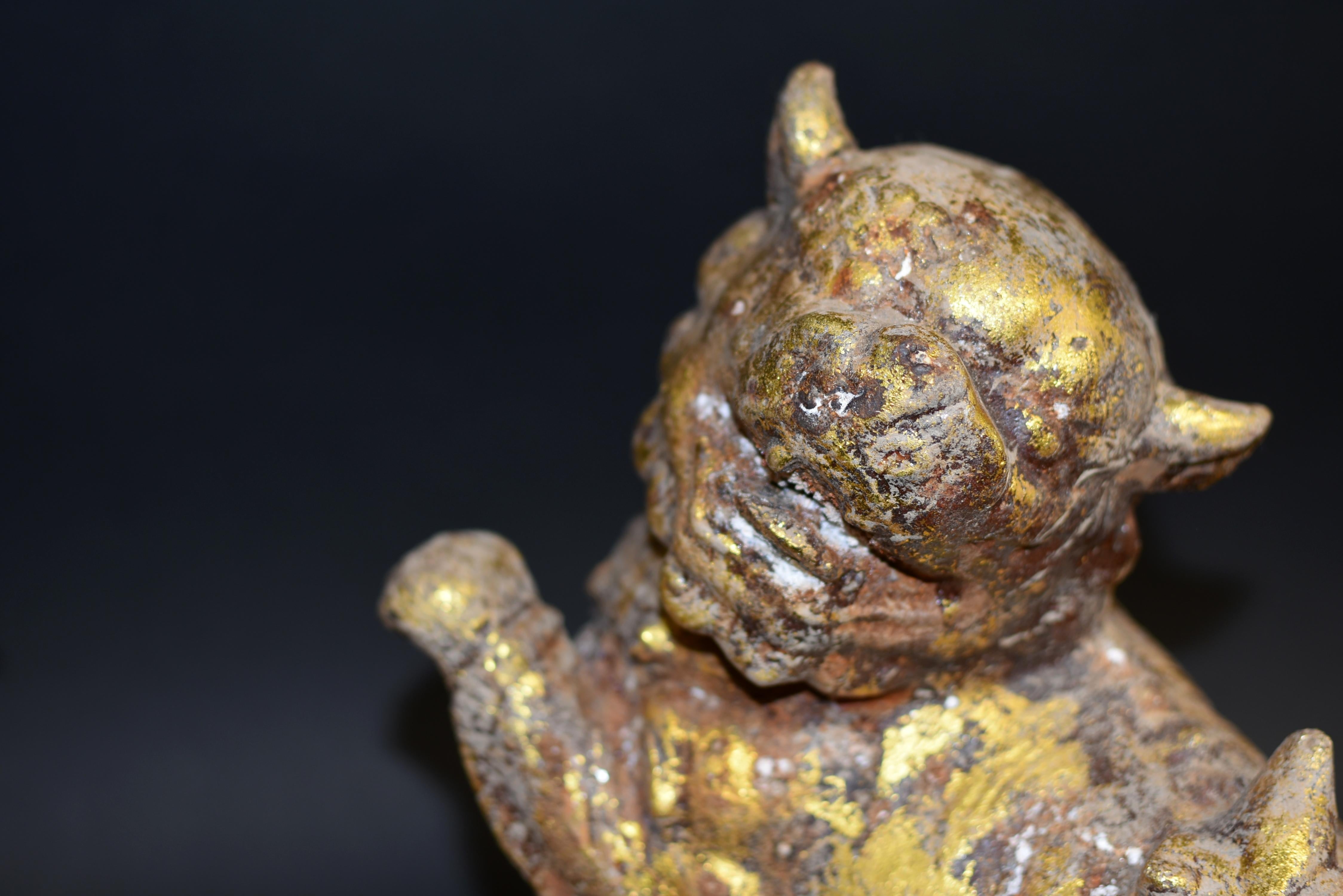 Pair of Large Antique Gilded Iron Foo Dogs 40 lb For Sale 10