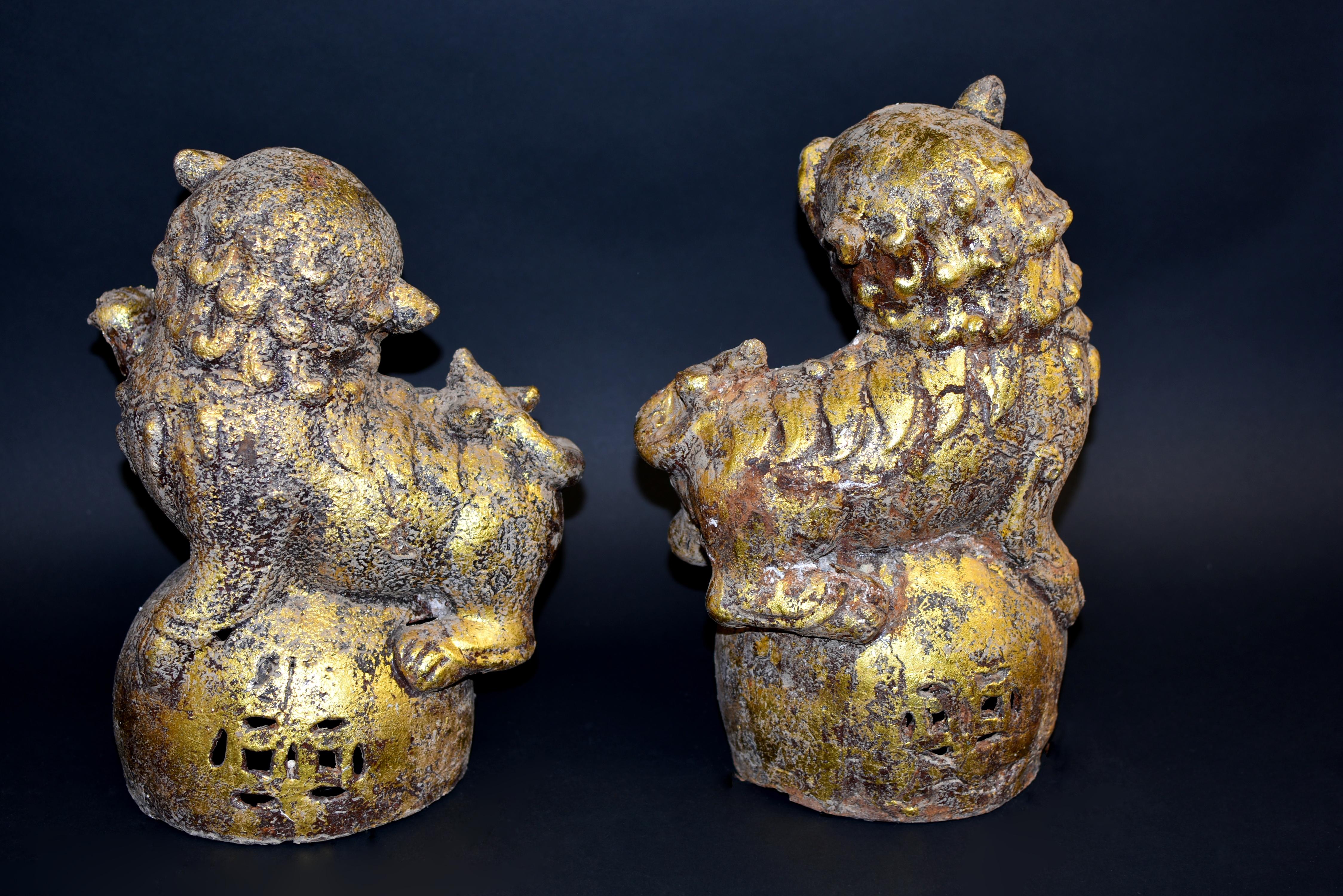 Pair of Large Antique Gilded Iron Foo Dogs 40 lb For Sale 11