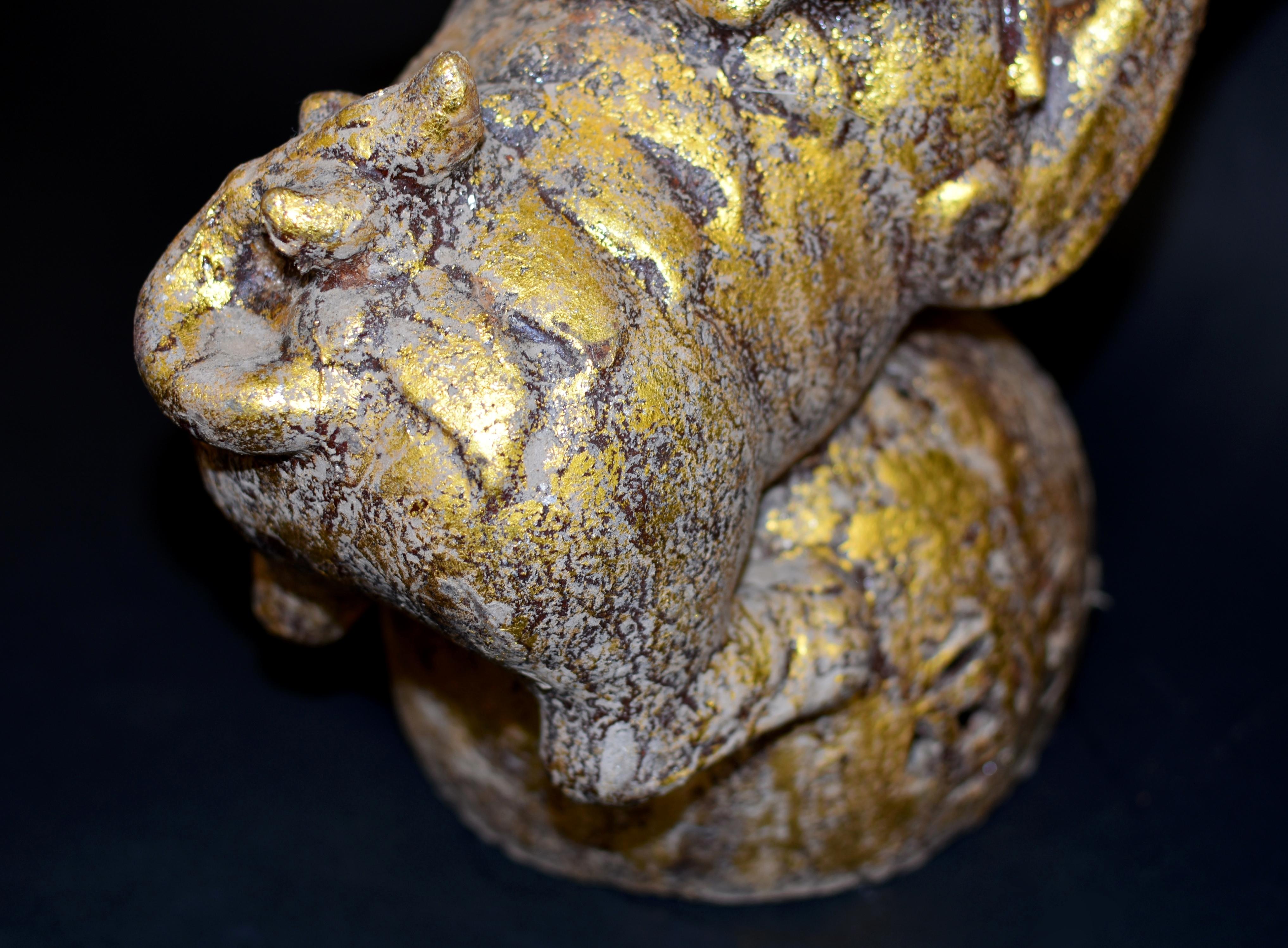 Pair of Large Antique Gilded Iron Foo Dogs 40 lb For Sale 14