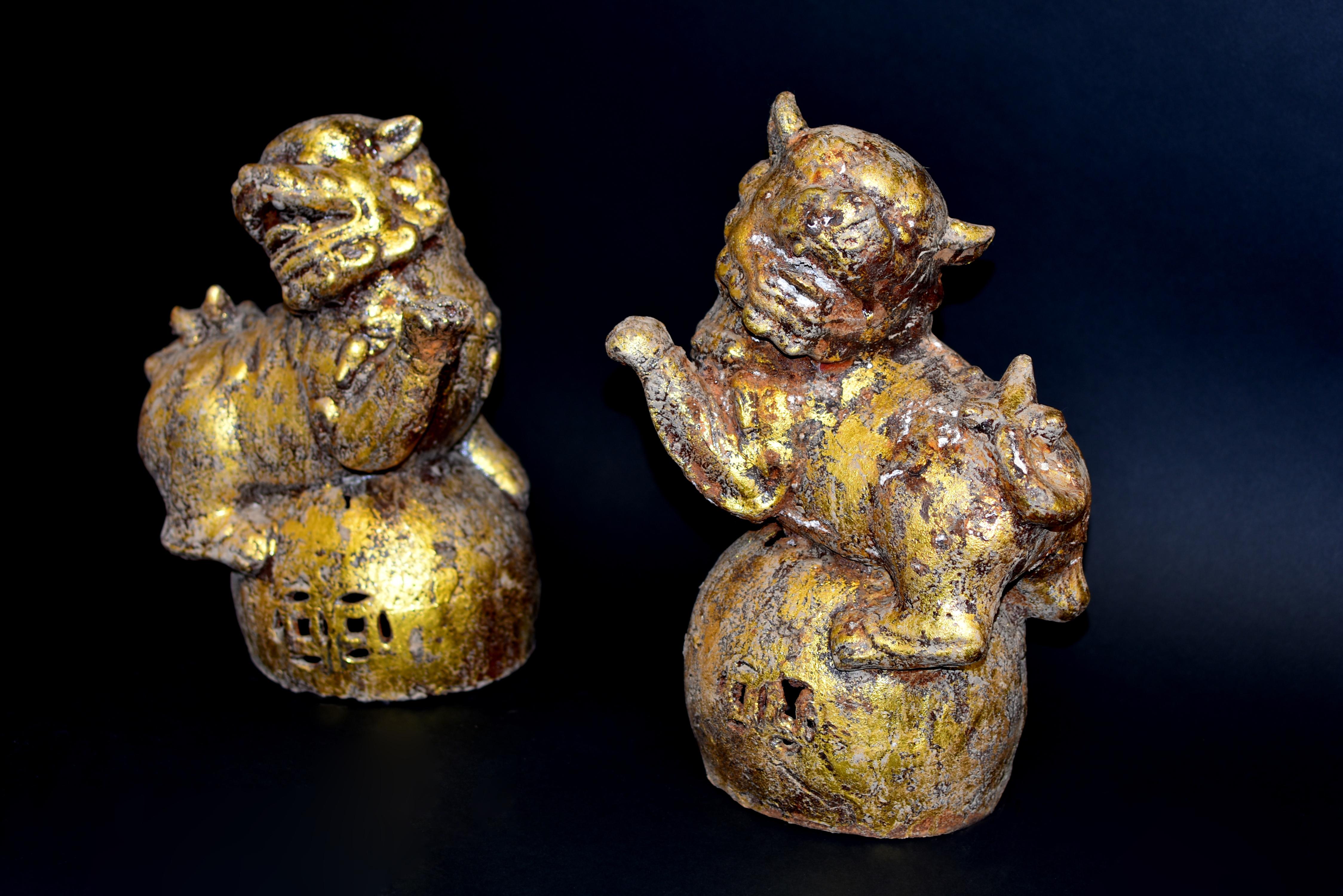 20th Century Pair of Large Antique Gilded Iron Foo Dogs 40 lb For Sale
