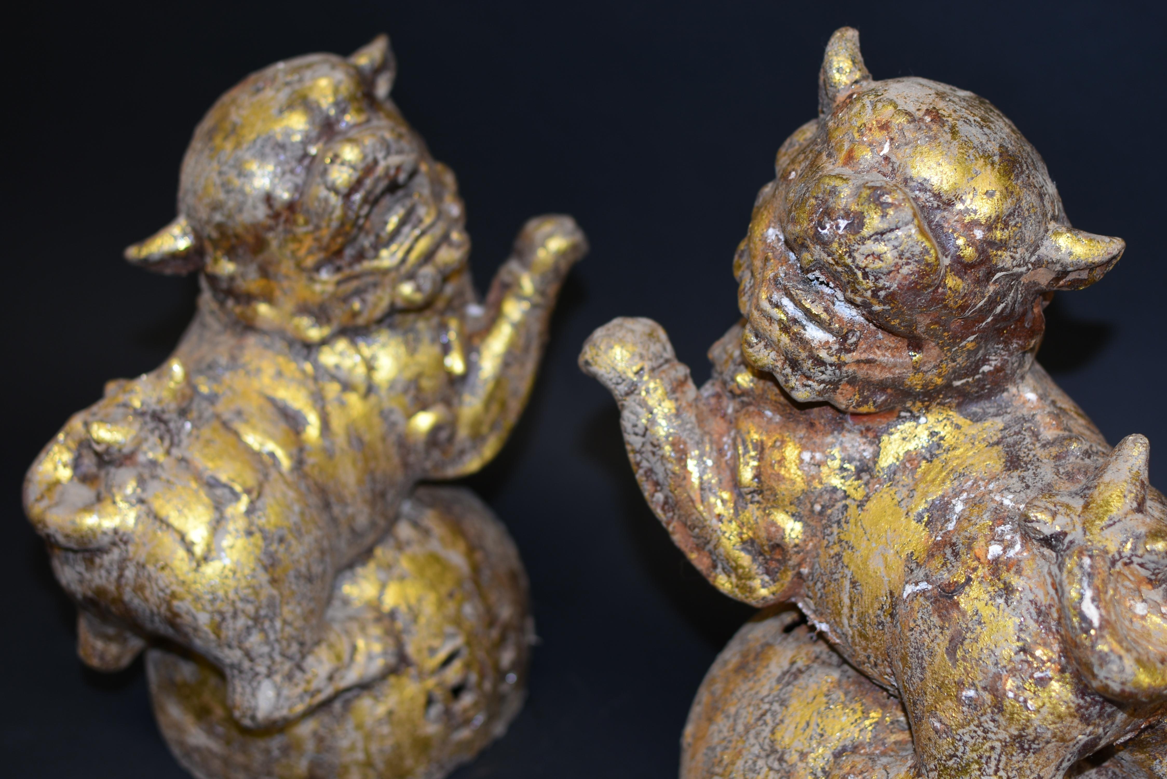 Pair of Large Antique Gilded Iron Foo Dogs 40 lb For Sale 1