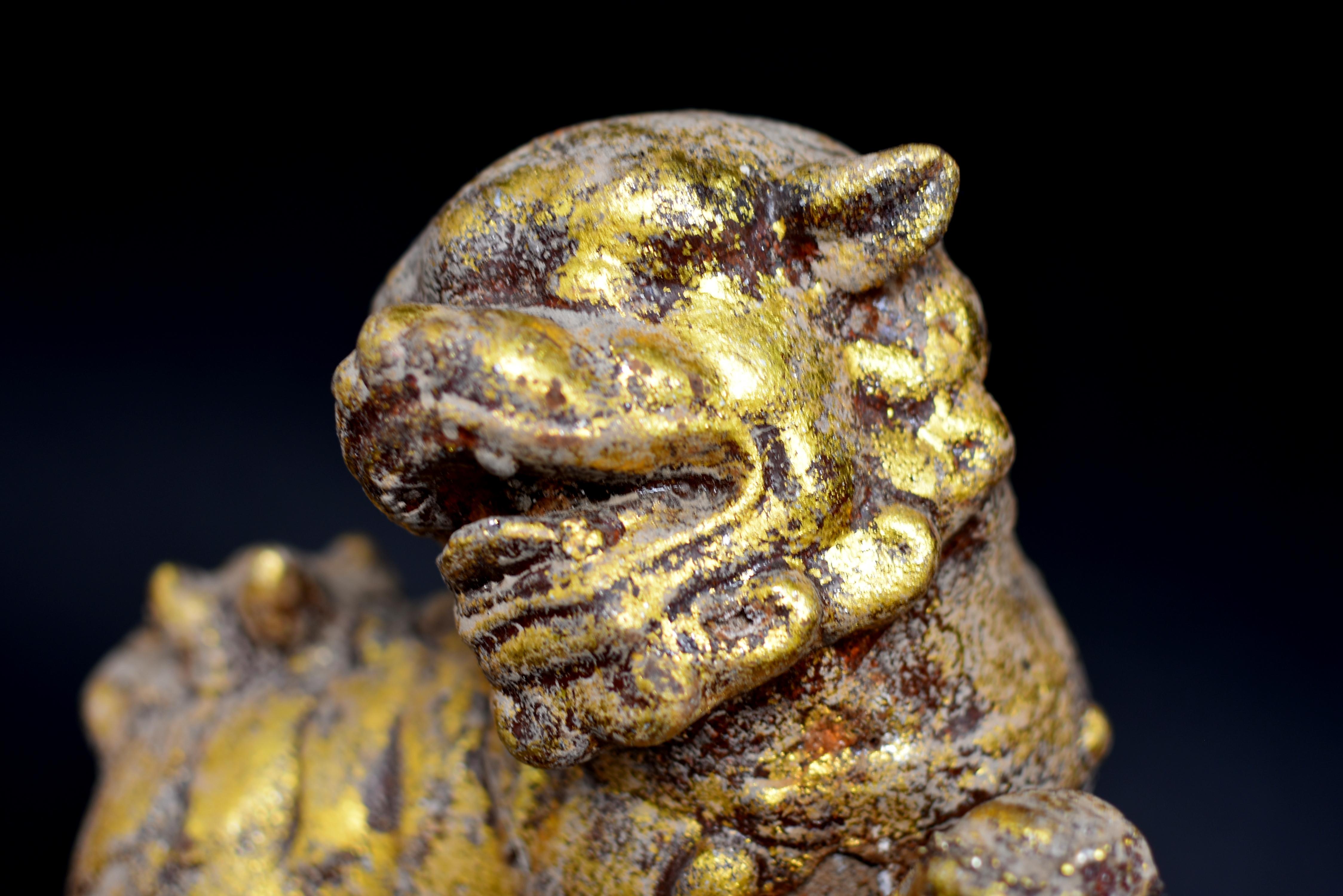 Pair of Large Antique Gilded Iron Foo Dogs 40 lb 2