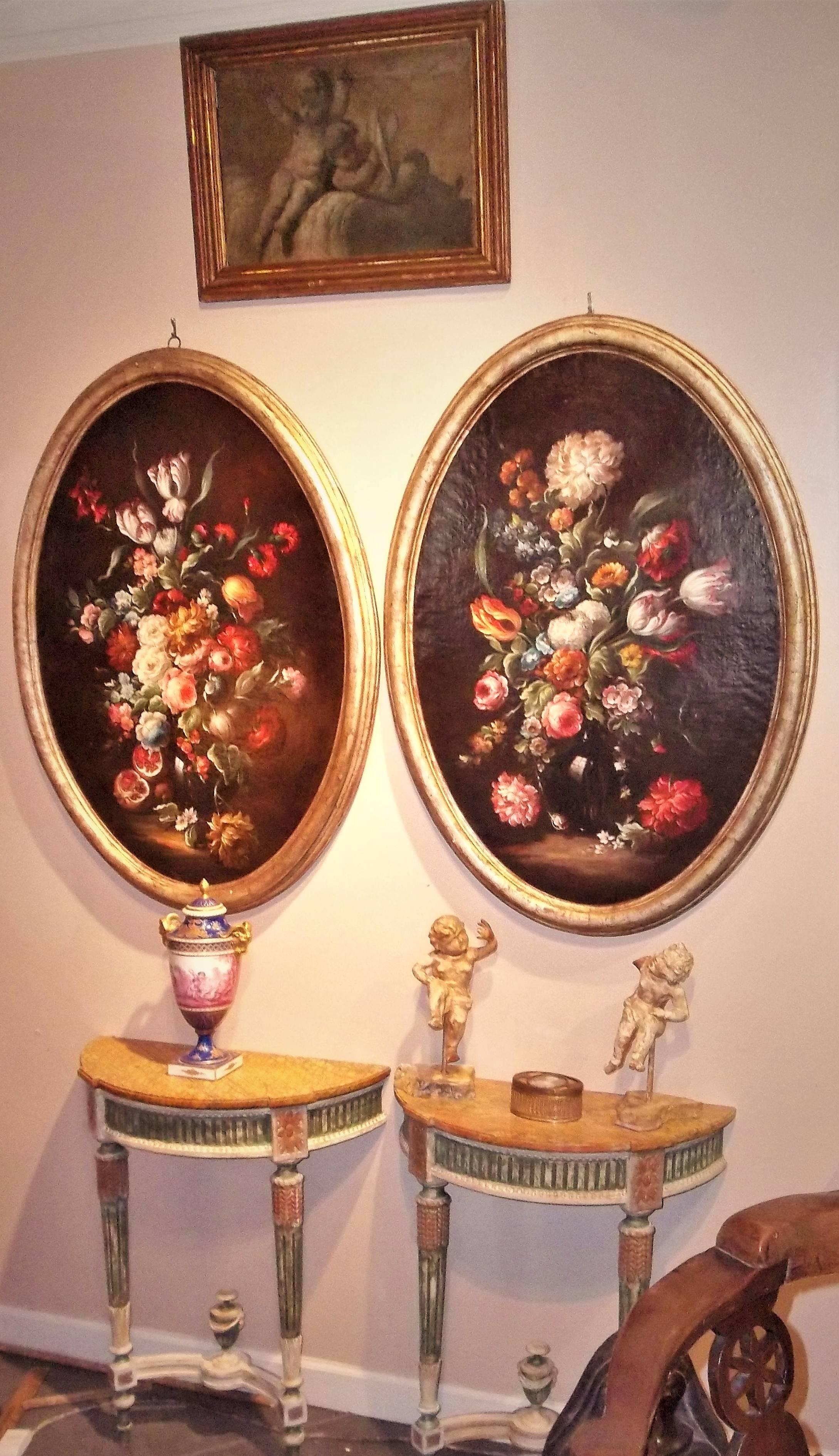 Pair of Large Antique Gilt Oval Framed on Canvas Floral Still Lifes 7