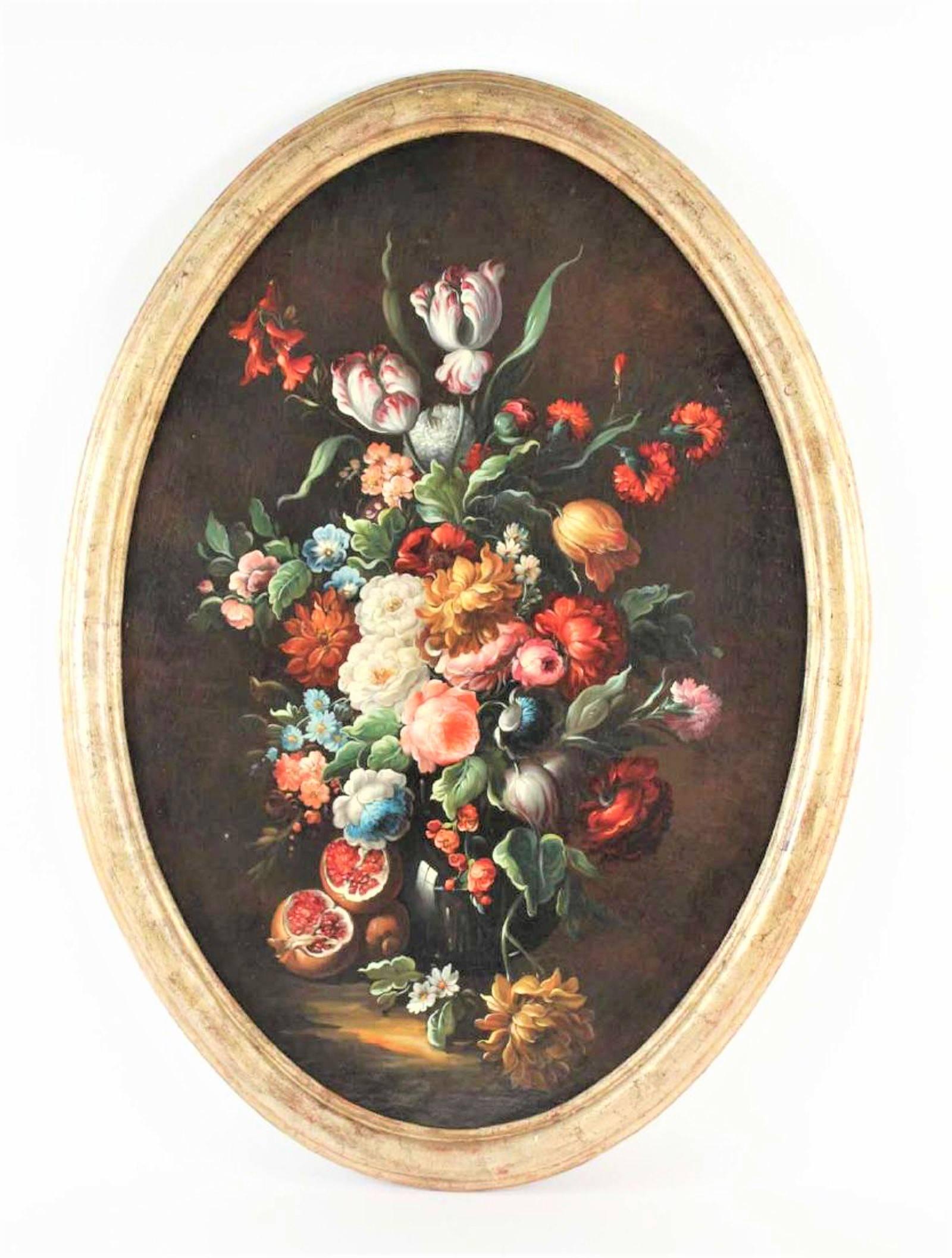 Baroque Pair of Large Antique Gilt Oval Framed on Canvas Floral Still Lifes