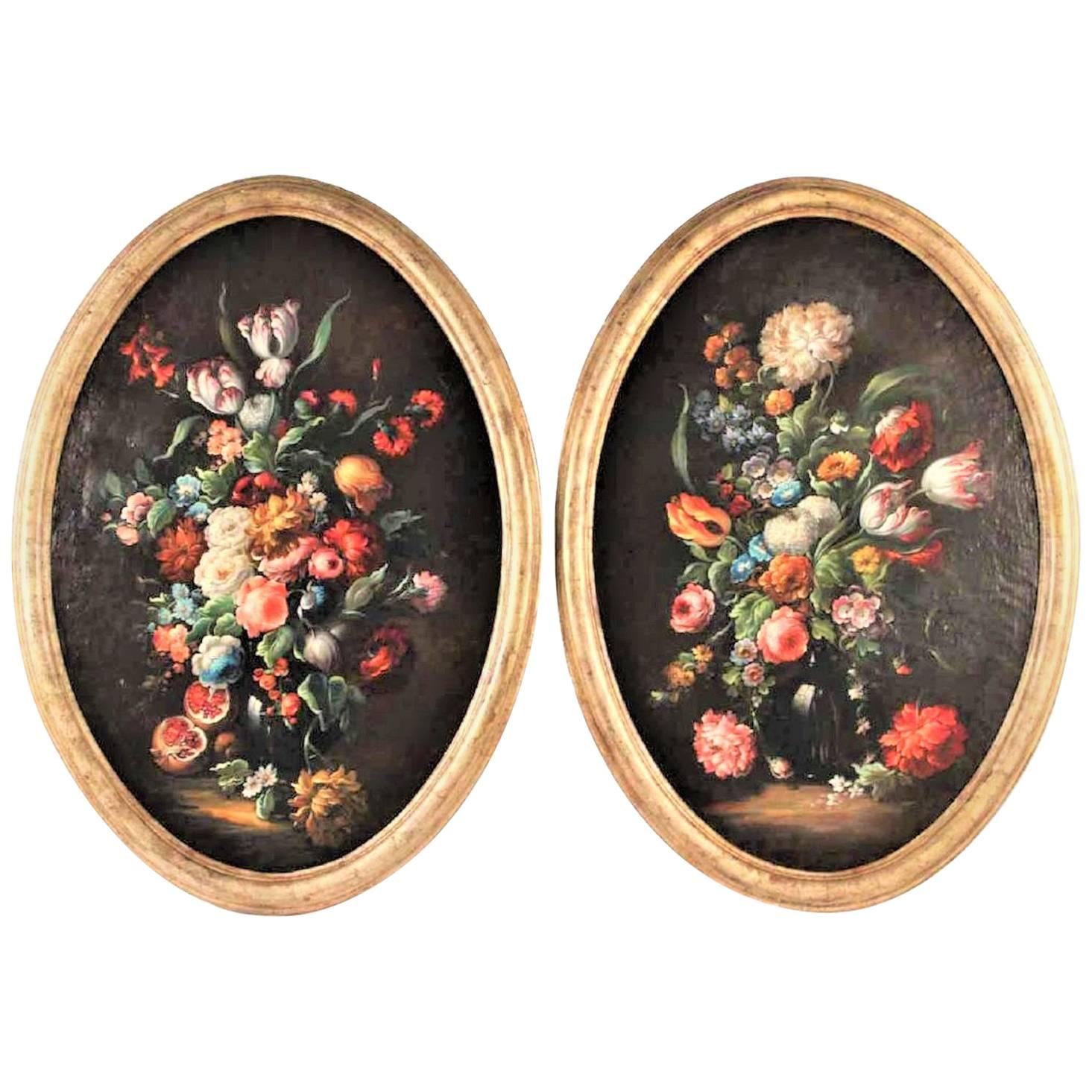 Pair of Large Antique Gilt Oval Framed on Canvas Floral Still Lifes