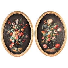 Pair of Large Antique Gilt Oval Framed on Canvas Floral Still Lifes