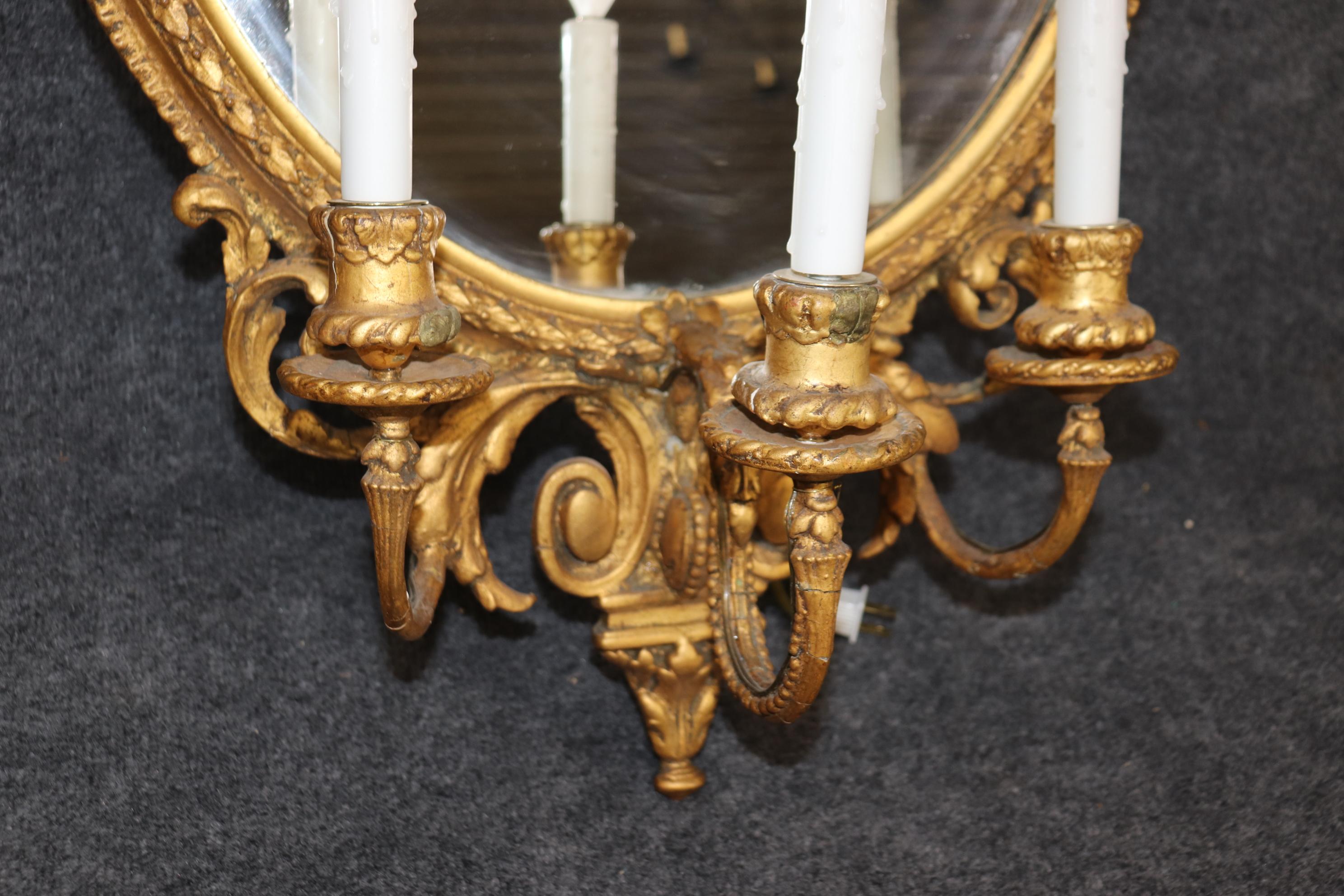 Pair of Large Antique Giltwood English Georgian Mirrors with Lights  In Good Condition For Sale In Swedesboro, NJ