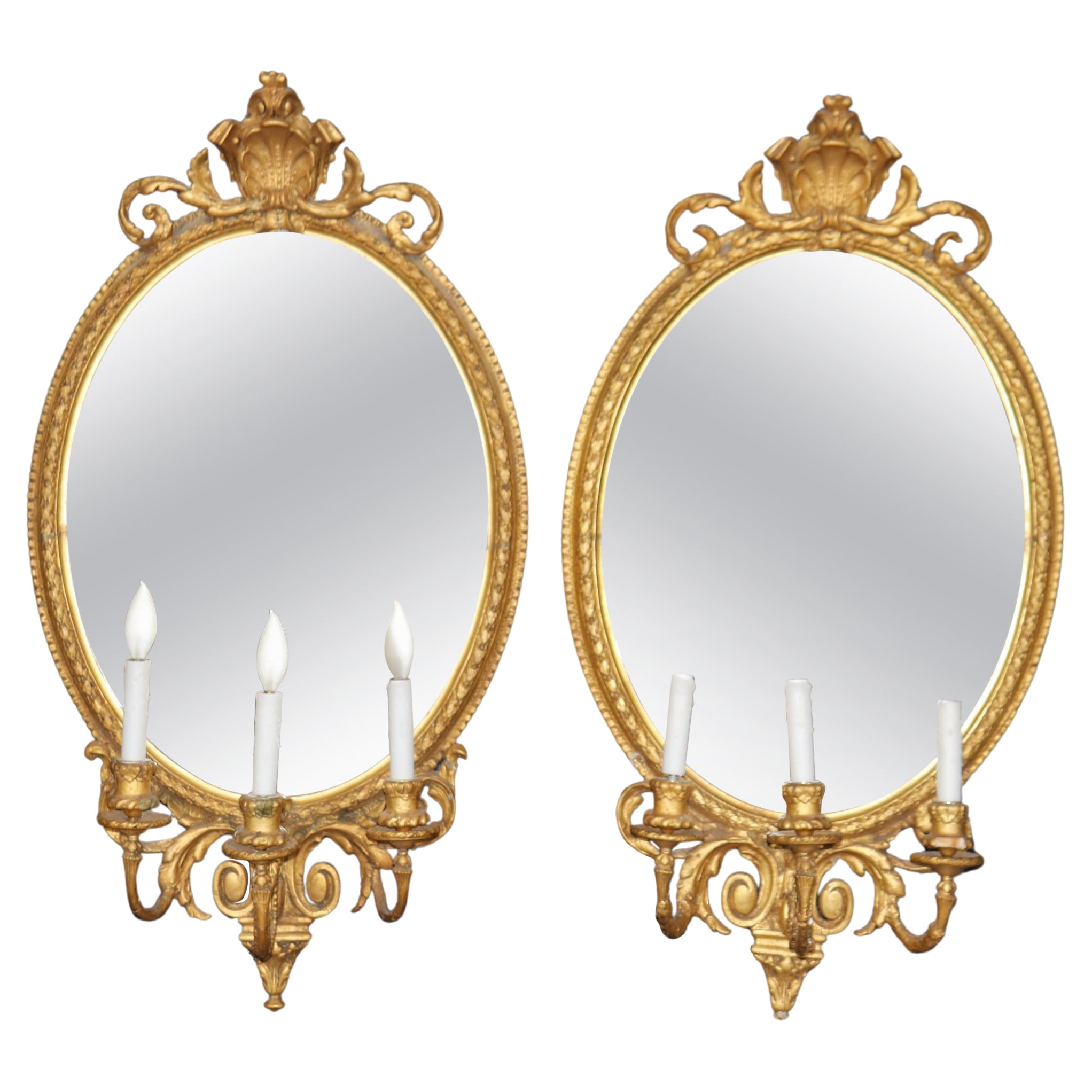 Paire de grands miroirs géorgiens antiques en bois doré avec Lights en vente