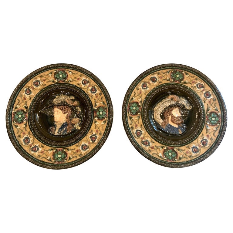 Pair of Large Antique Hand-Painted Majolica Porcelain Plaques, Circa 1910-1920 For Sale