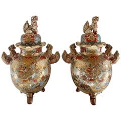 Pair of Large Antique Japanese Quality Satsuma Lidded Vases