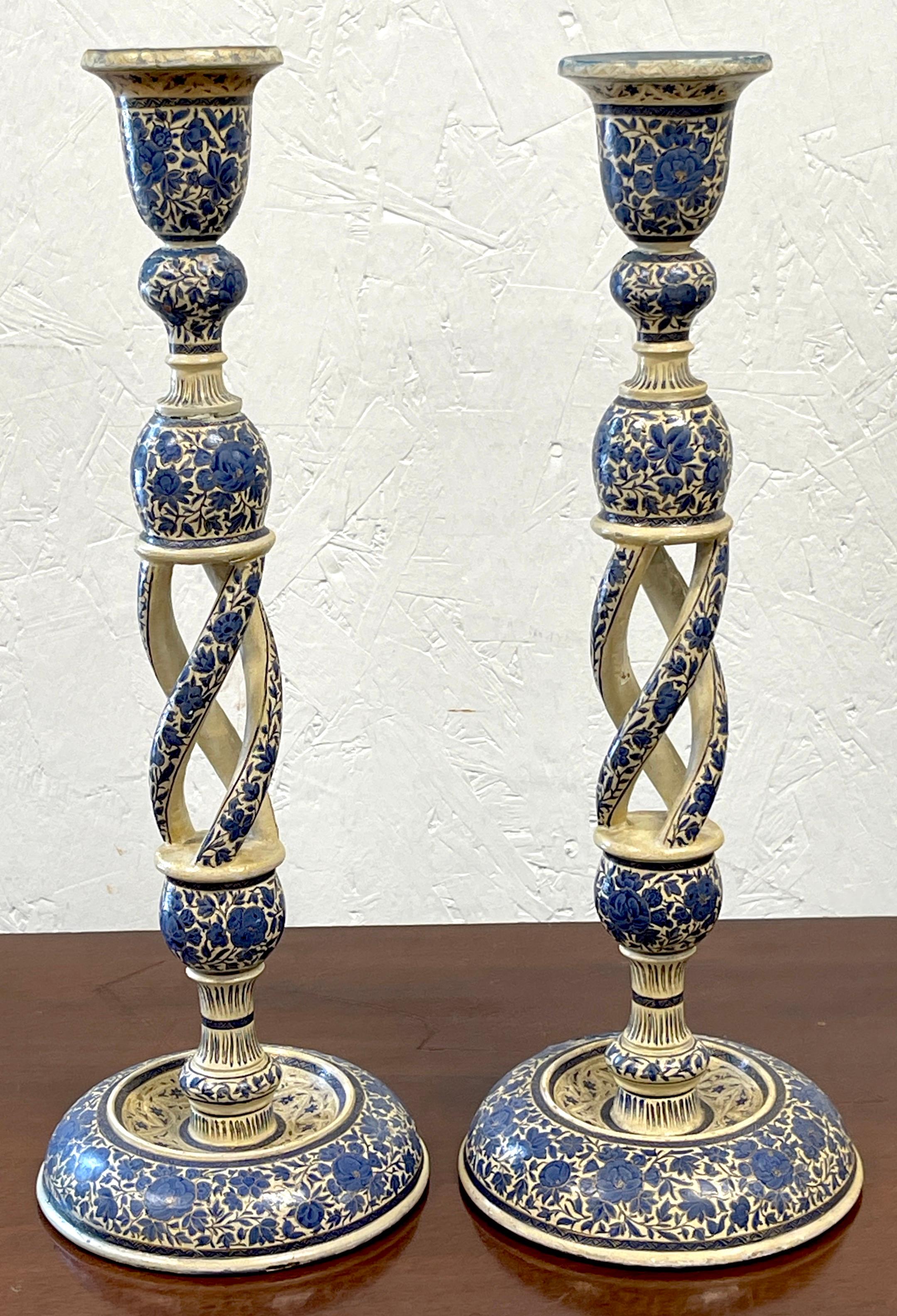 Anglo-Indian Pair of Large Antique Kashmiri Blue & White Candlesticks