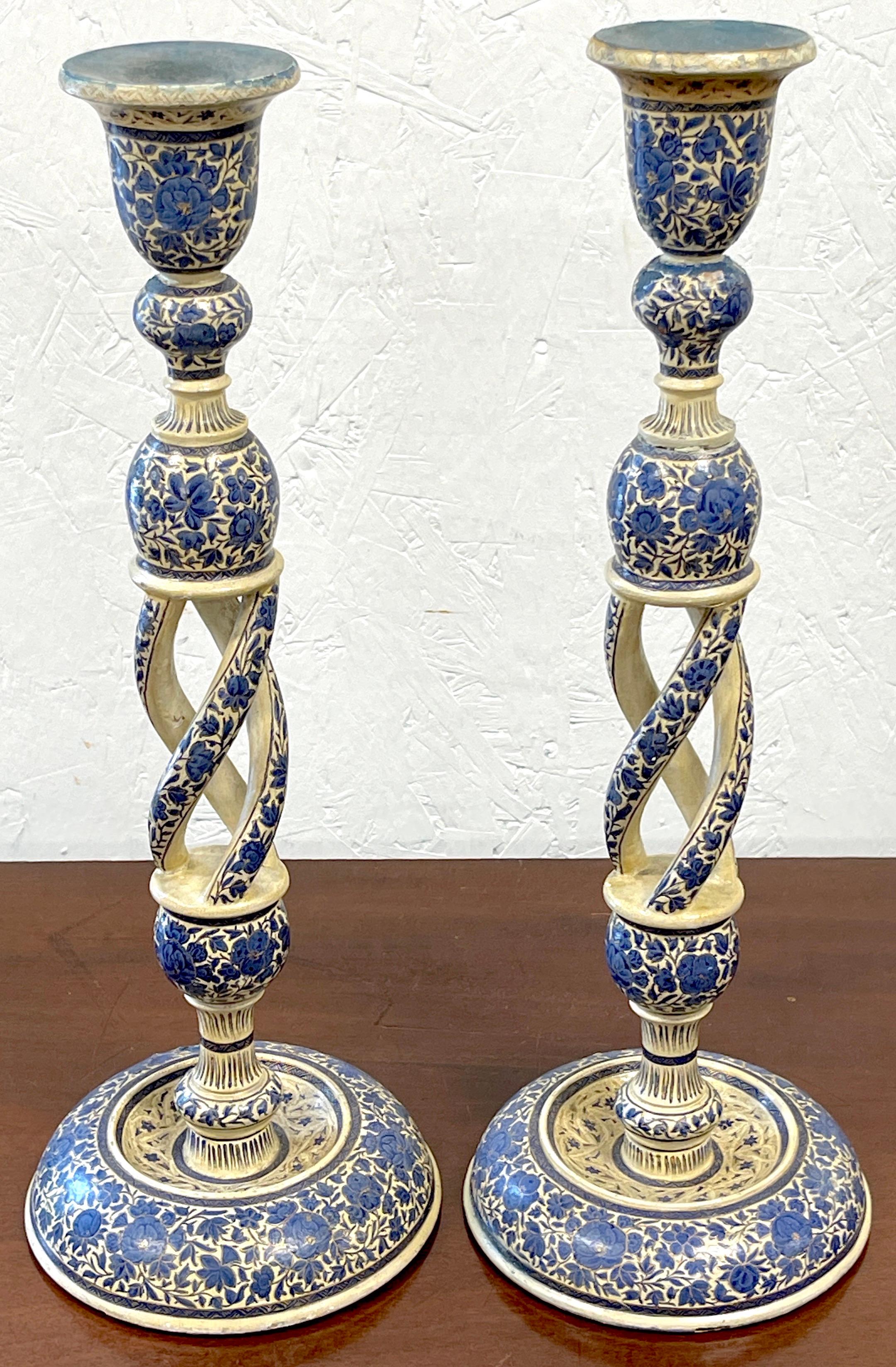 Indian Pair of Large Antique Kashmiri Blue & White Candlesticks