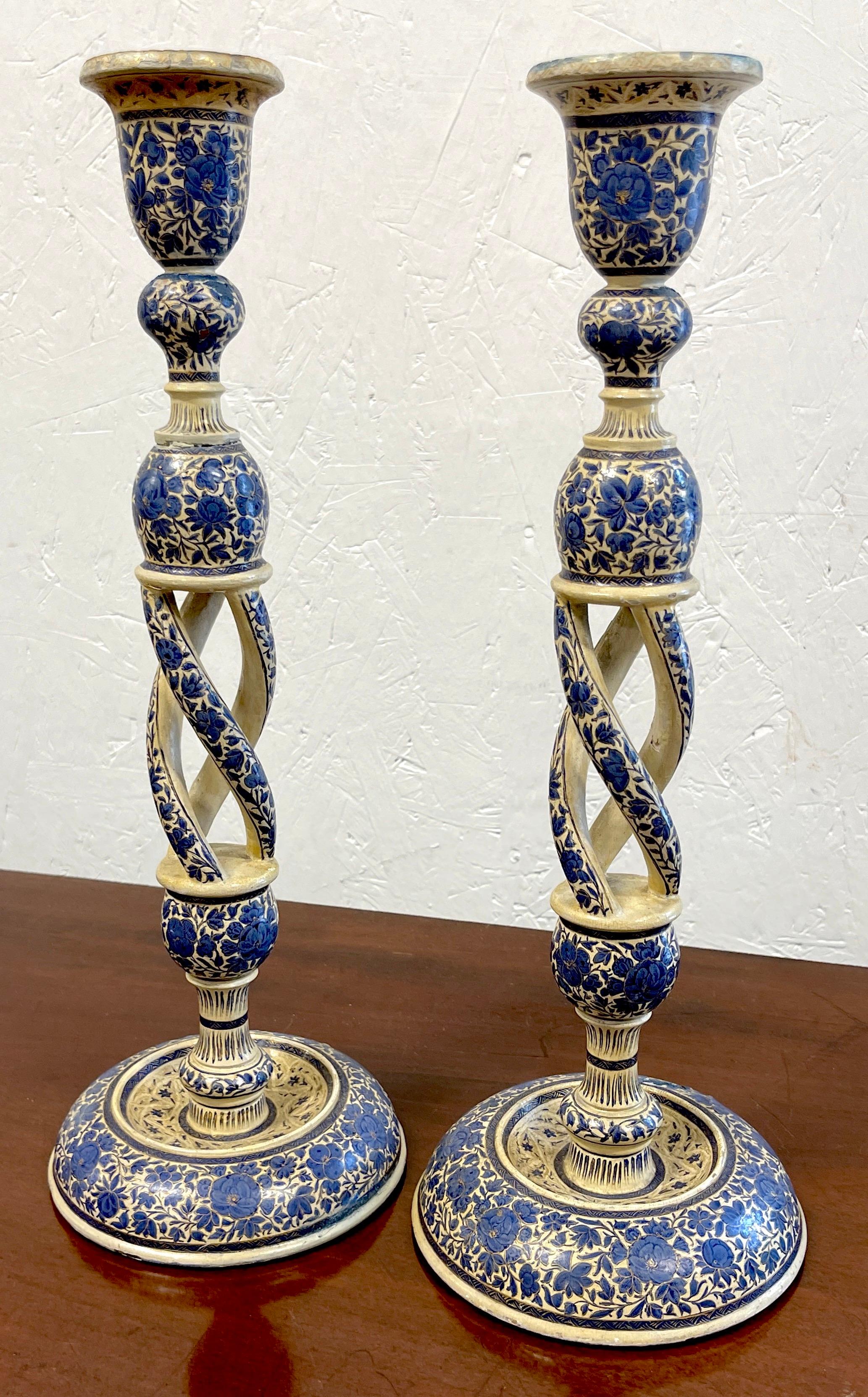 Carved Pair of Large Antique Kashmiri Blue & White Candlesticks