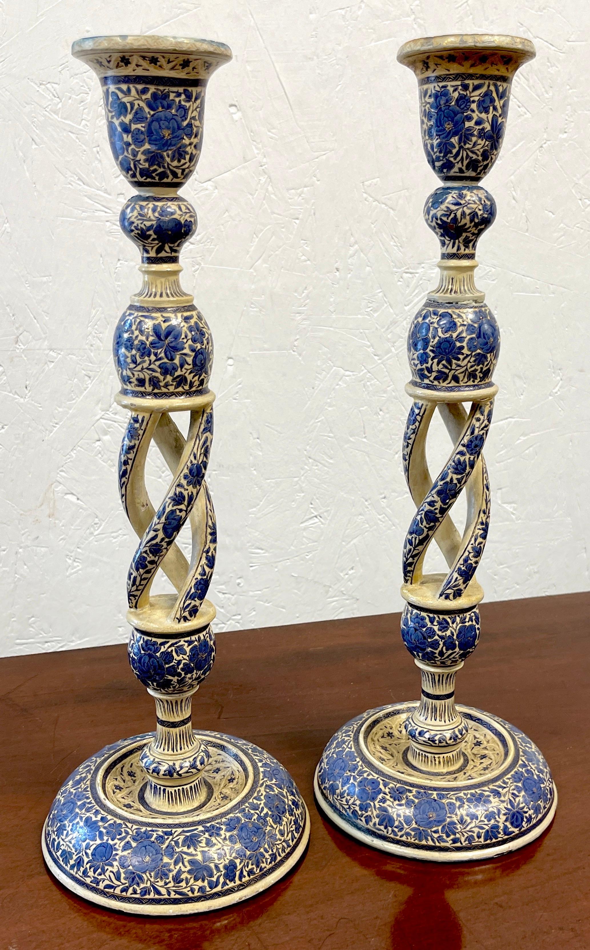 Pair of Large Antique Kashmiri Blue & White Candlesticks In Good Condition In West Palm Beach, FL