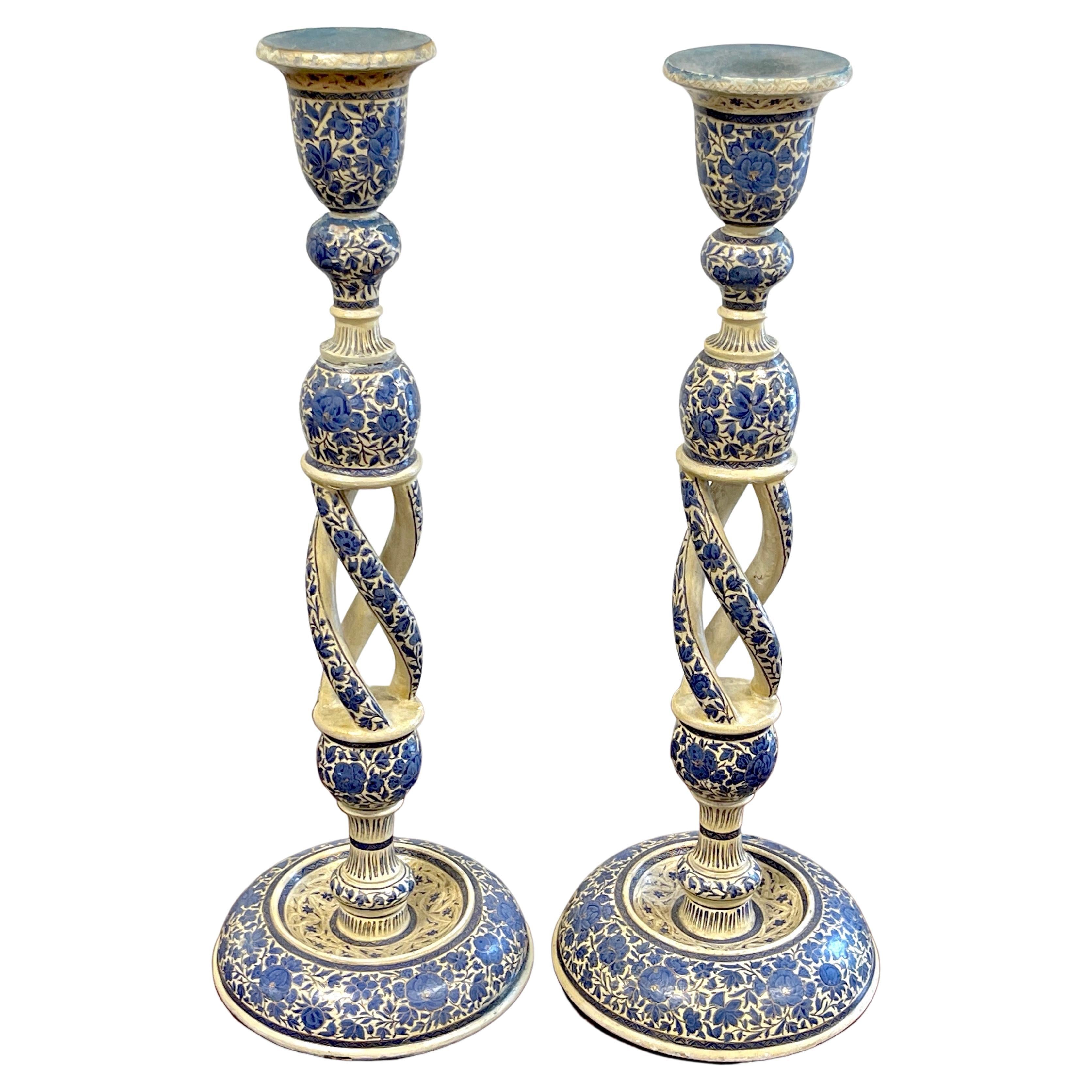 Pair of Large Antique Kashmiri Blue & White Candlesticks