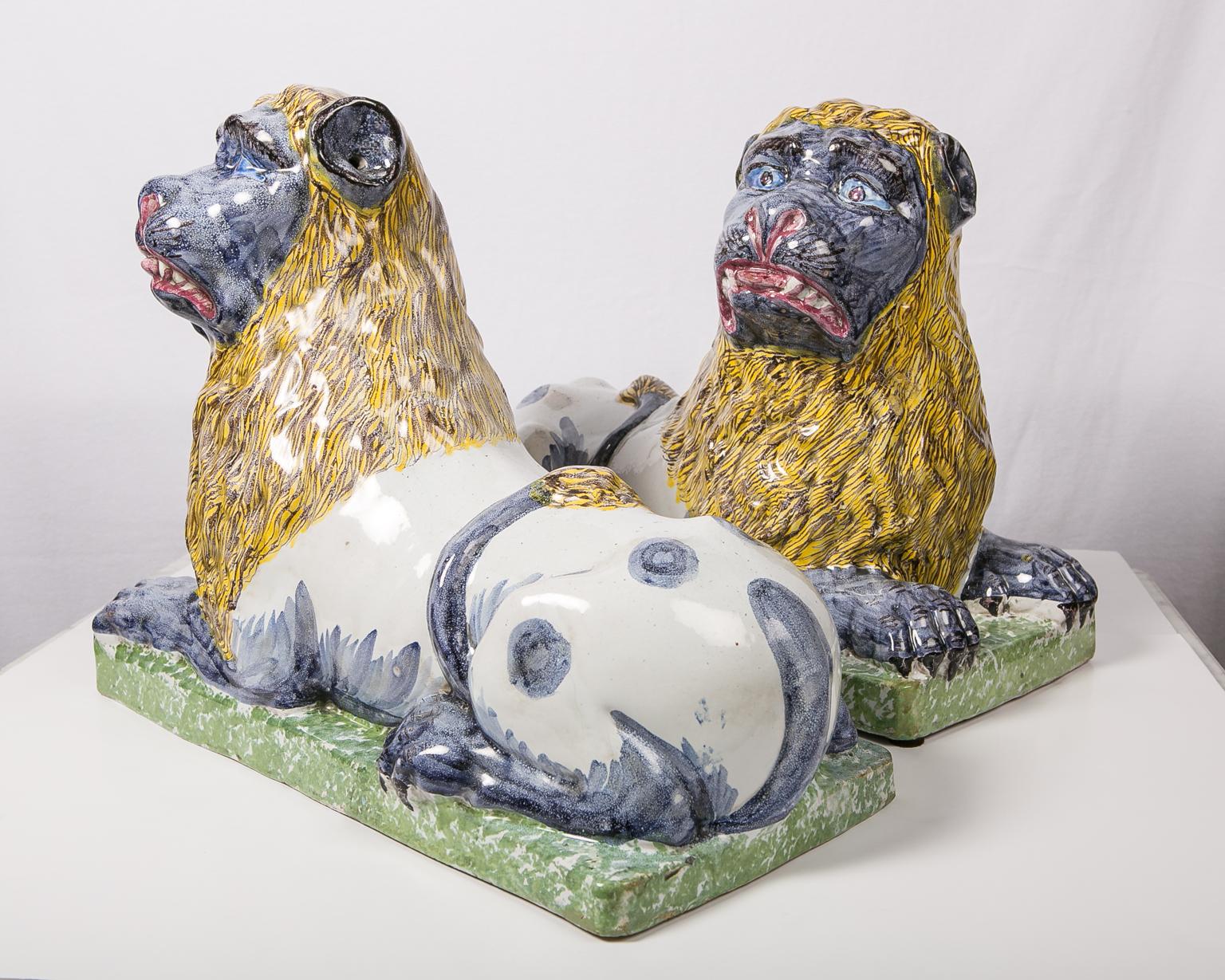 Folk Art Hand-Painted Large Faience Figures: Pair French Lions, Luneville c.1800 For Sale