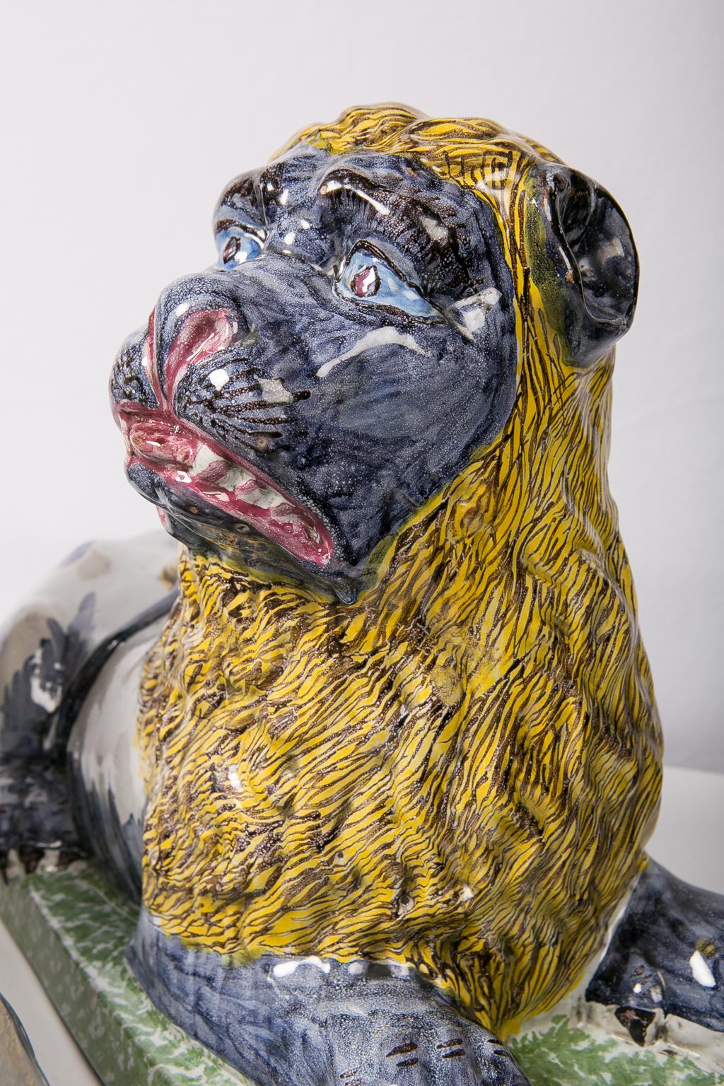 Hand-Painted Large Faience Figures: Pair French Lions, Luneville c.1800 In Excellent Condition For Sale In Katonah, NY