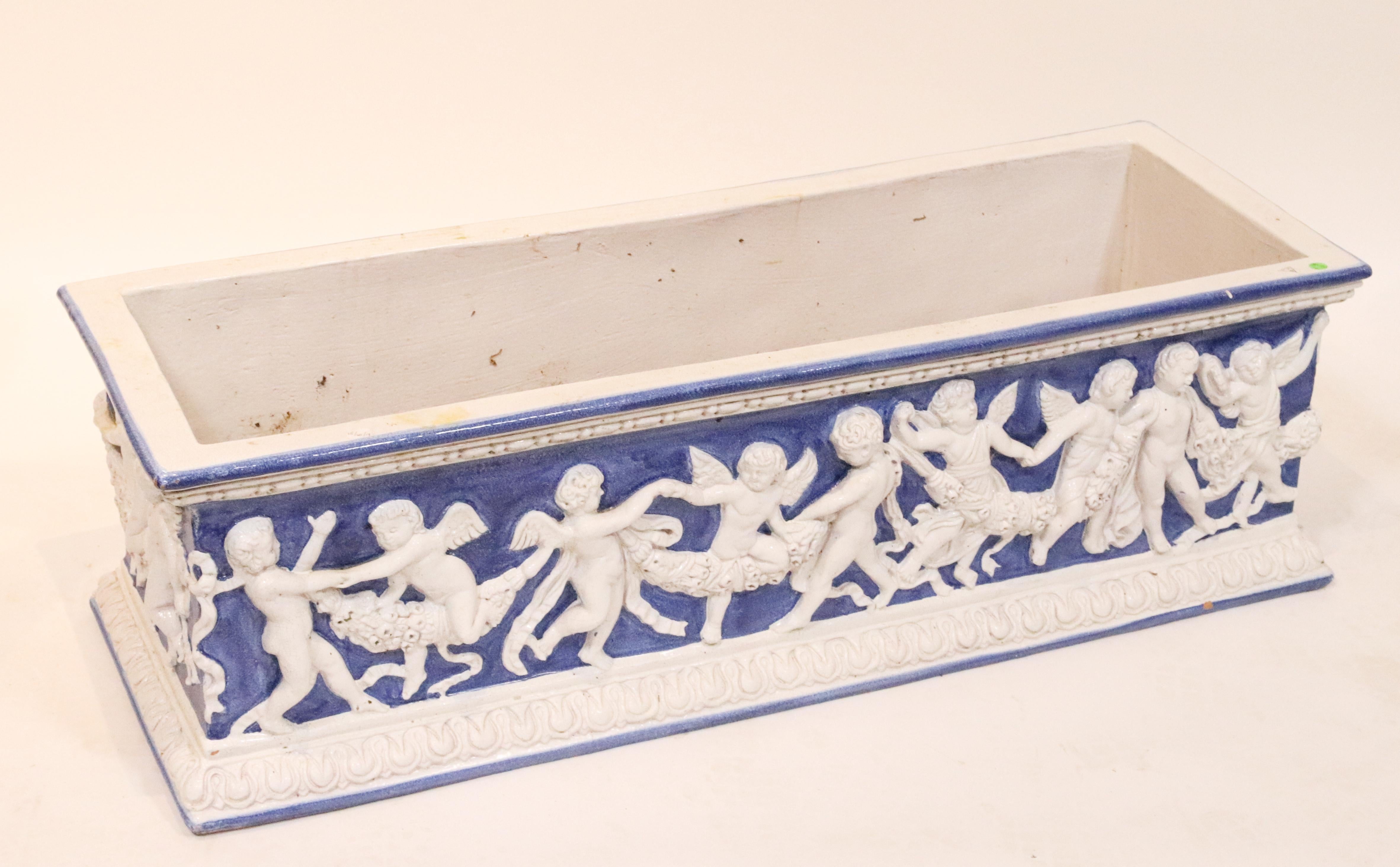 20th Century Pair of Large Antique Majolica Blue and White Planter Boxes with Putti For Sale