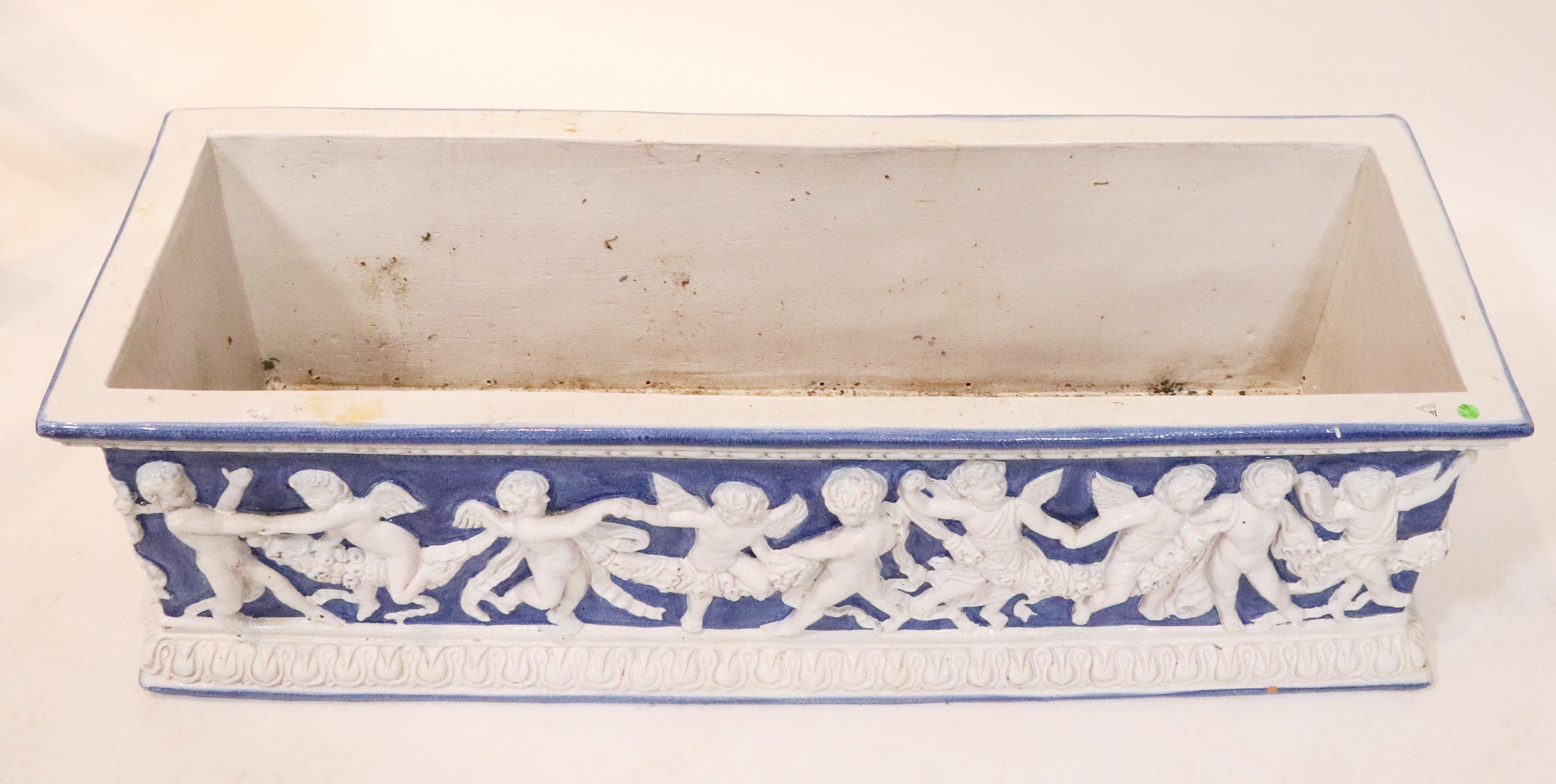 Pair of Large Antique Majolica Blue and White Planter Boxes with Putti For Sale 1