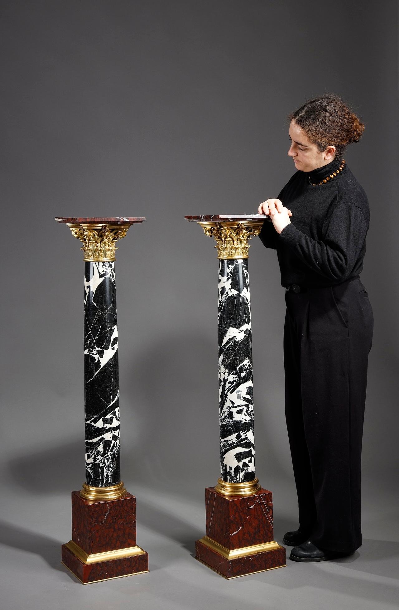 Gilt Pair of Large Antique Marble Columns with gilded bronze capitals
