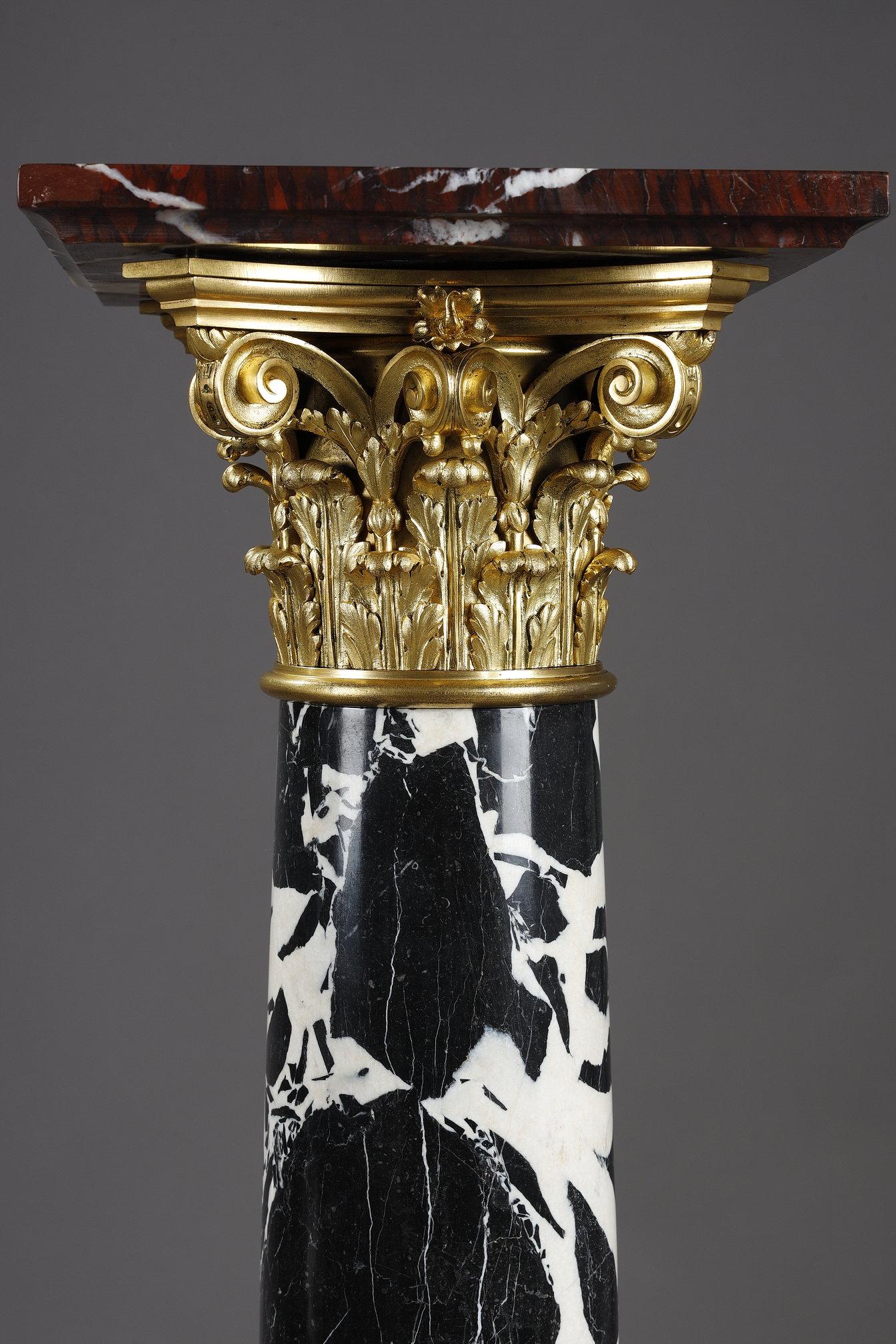 Late 19th Century Pair of Large Antique Marble Columns with gilded bronze capitals