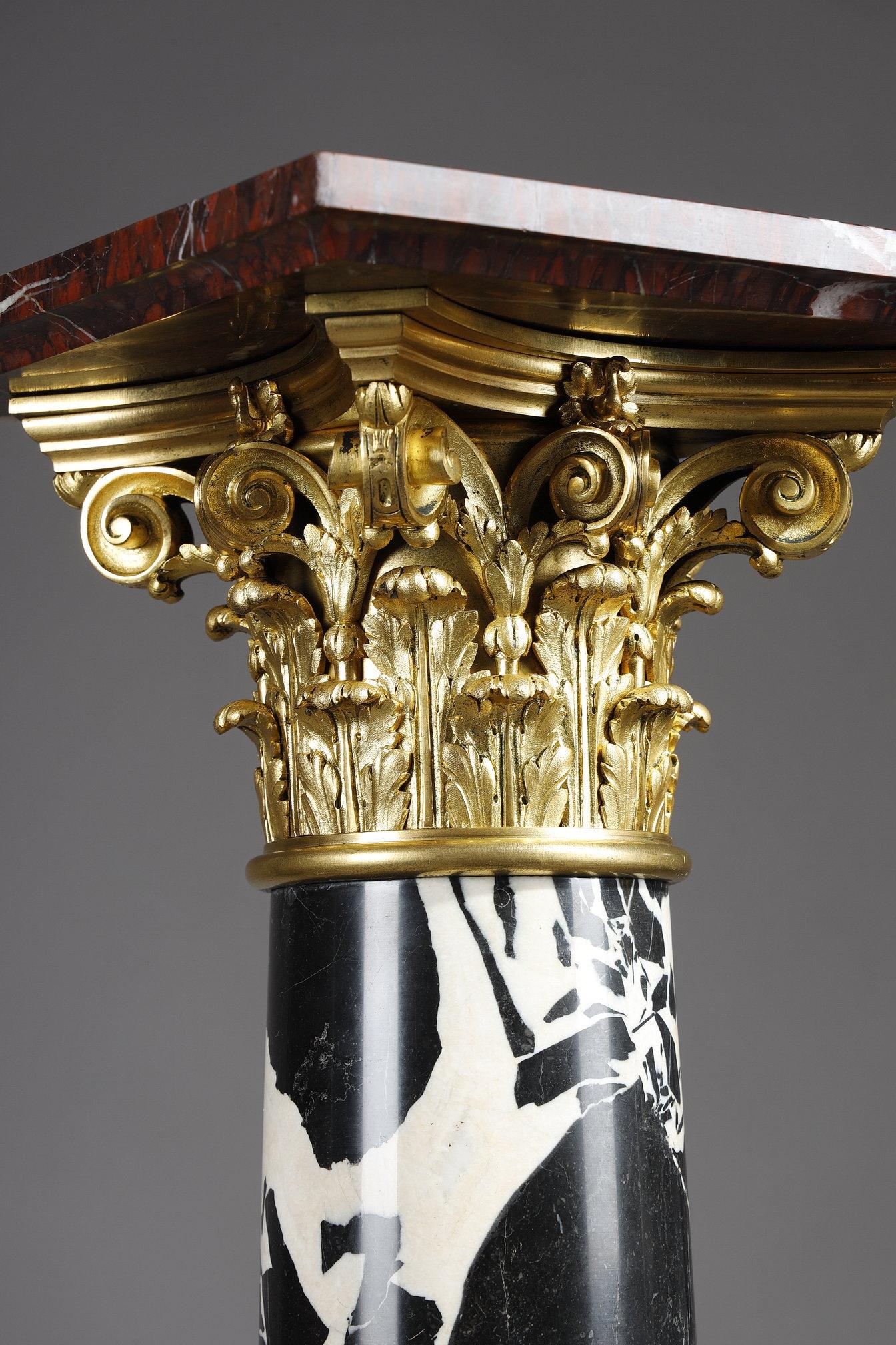 Bronze Pair of Large Antique Marble Columns with gilded bronze capitals