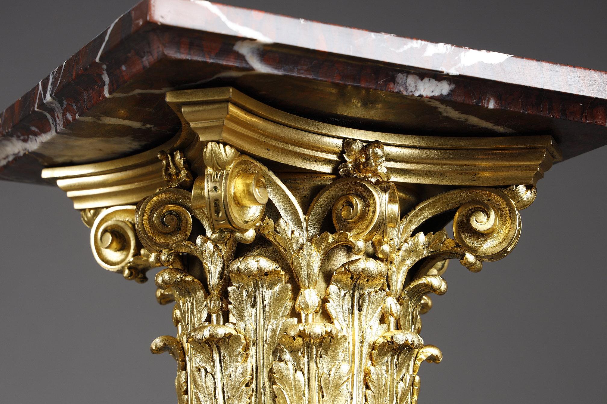 Pair of Large Antique Marble Columns with gilded bronze capitals 1