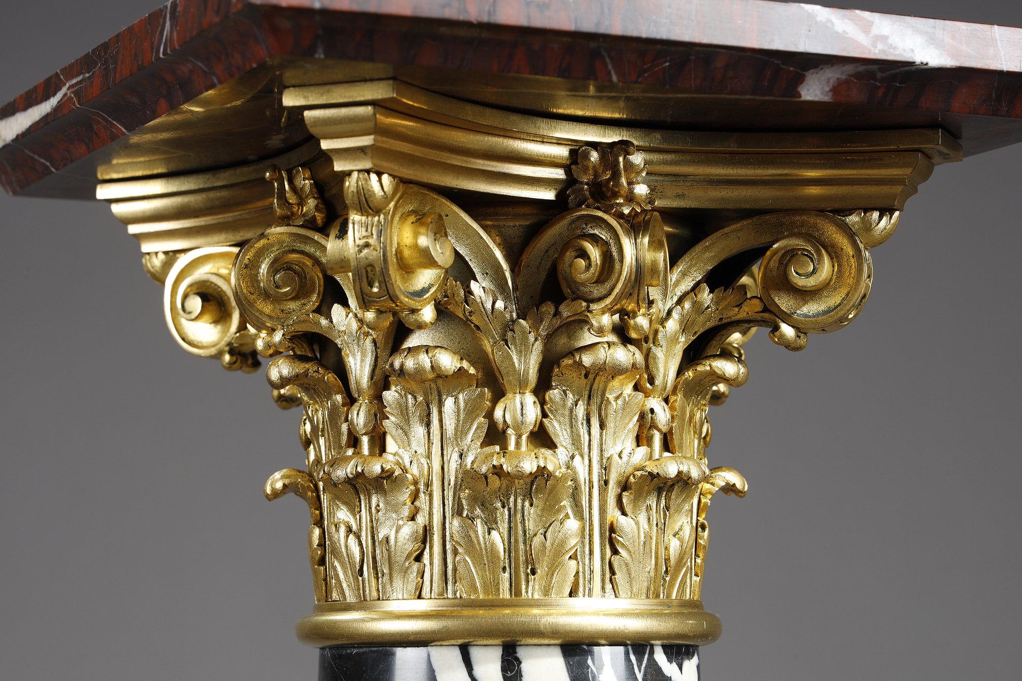 Pair of Large Antique Marble Columns with gilded bronze capitals 2