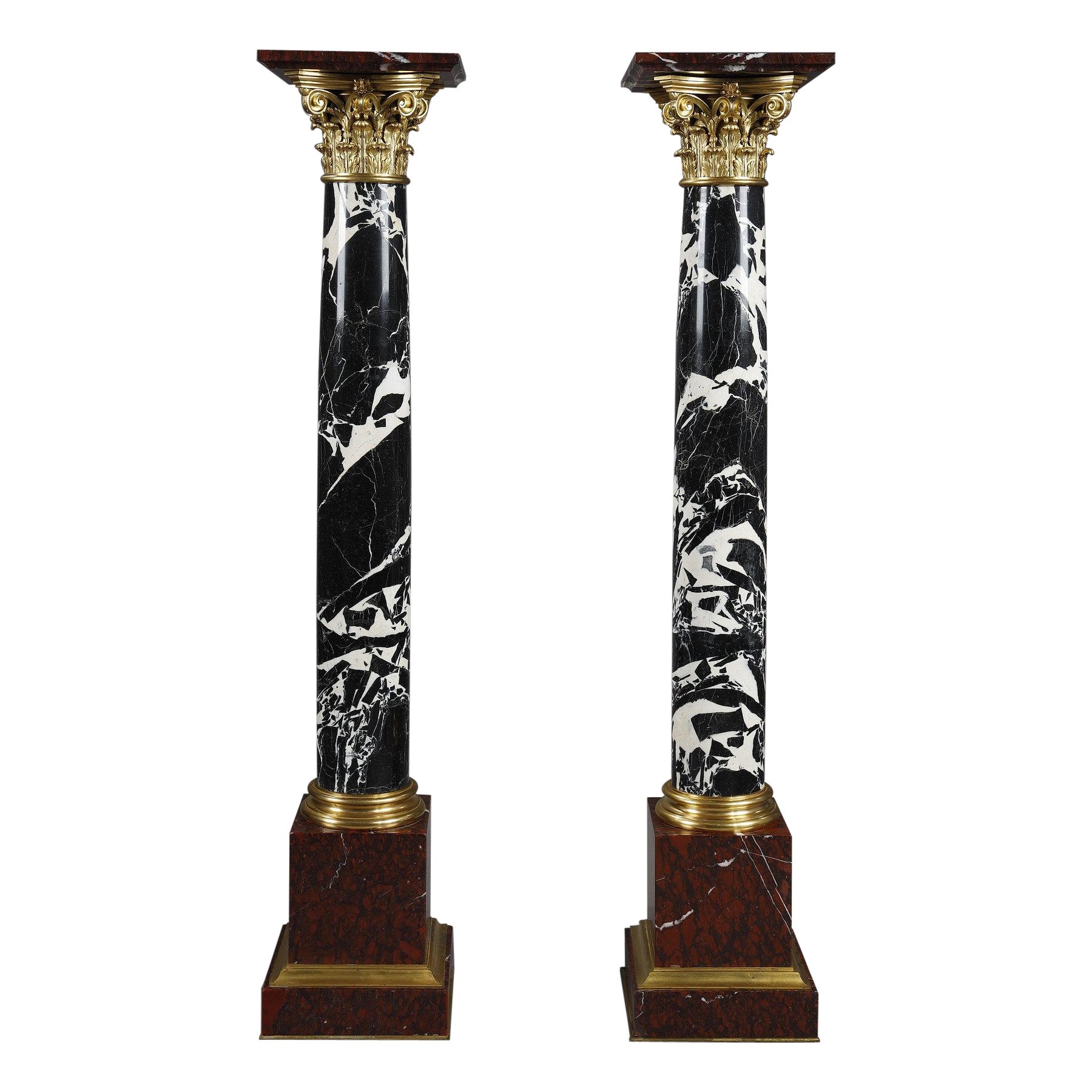 Pair of Large Antique Marble Columns with gilded bronze capitals