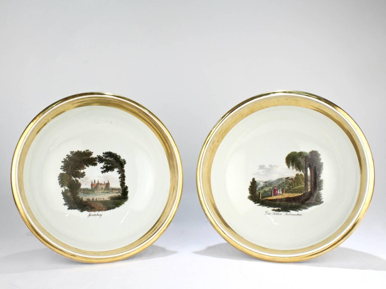 Neoclassical Pair of Large Antique Meissen Porcelain Topographical Footed Bowls or Tazzas