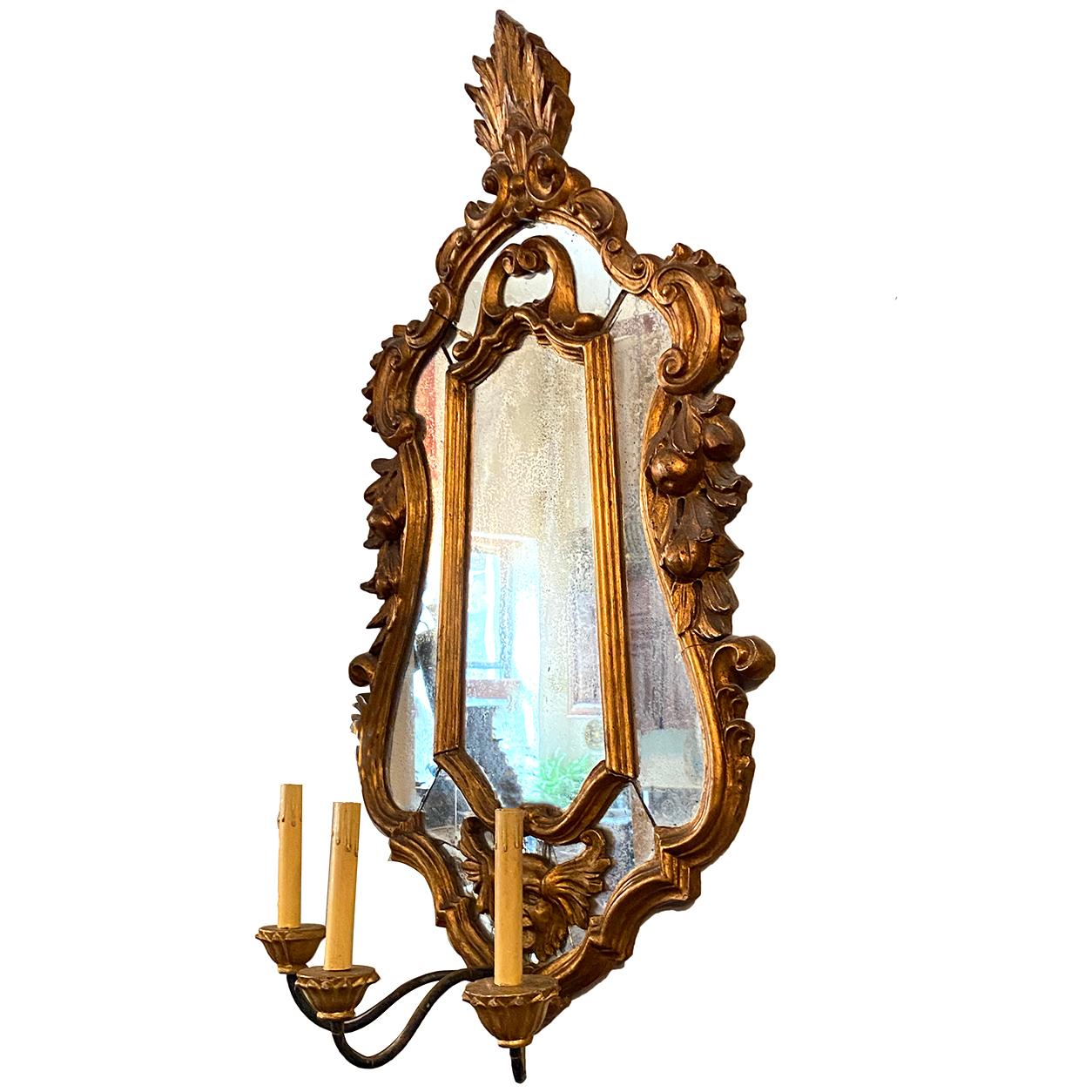 Italian Pair of Large Antique Mirror Gilt Wood Sconces For Sale