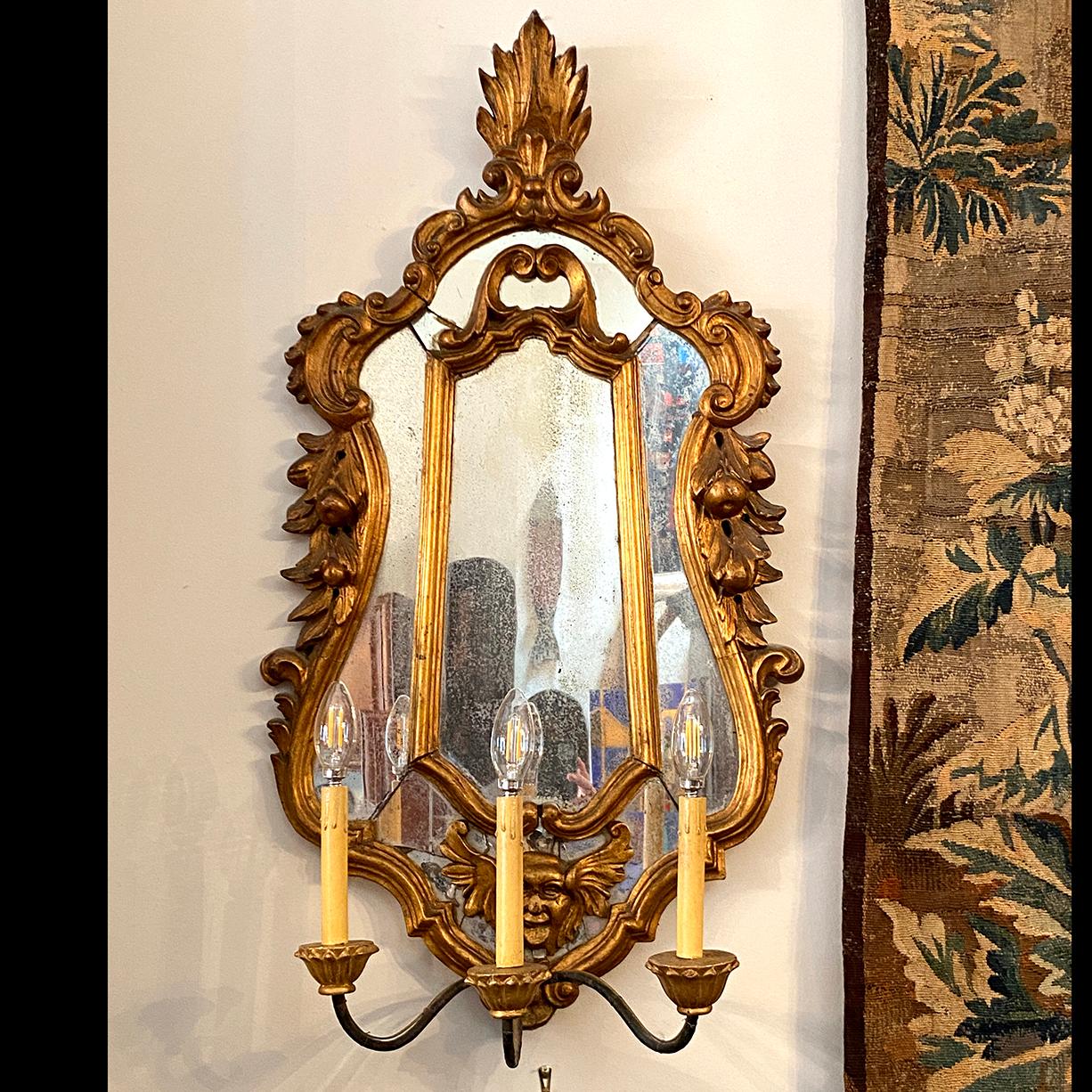 Giltwood Pair of Large Antique Mirror Gilt Wood Sconces For Sale