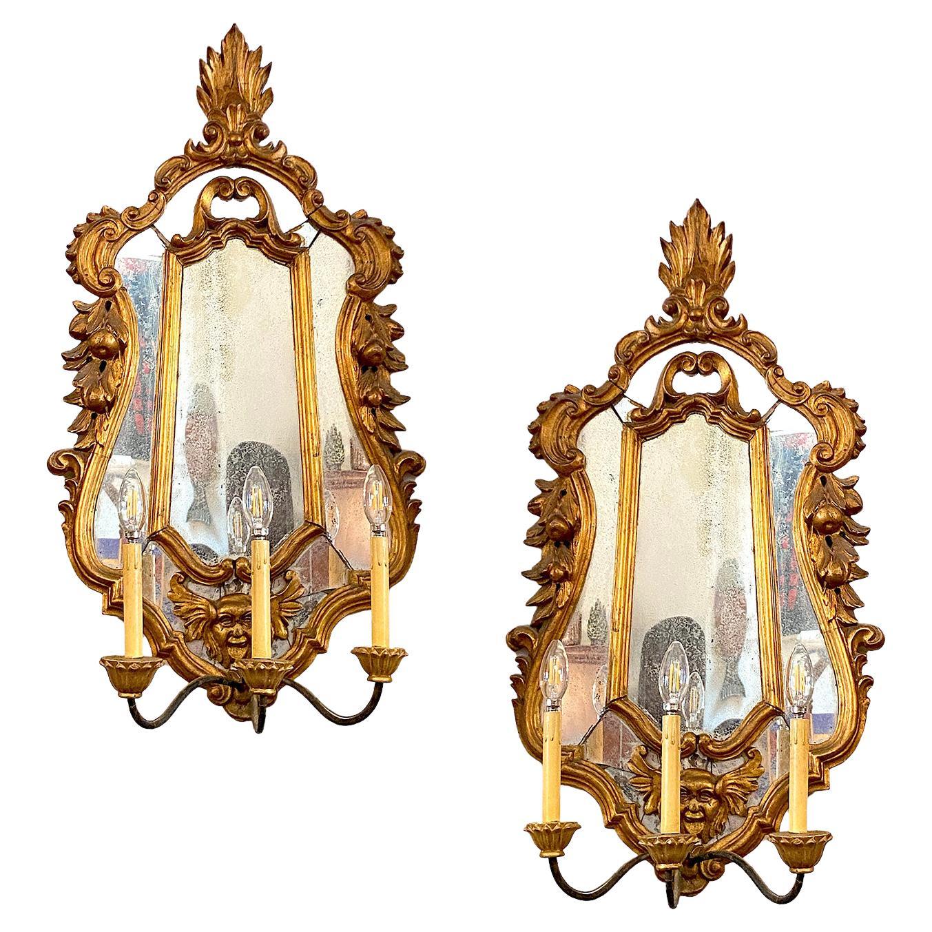 Pair of Large Antique Mirror Gilt Wood Sconces For Sale