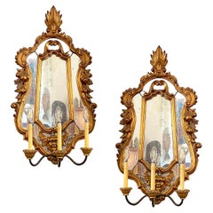 Pair of Large Antique Mirror Gilt Wood Sconces