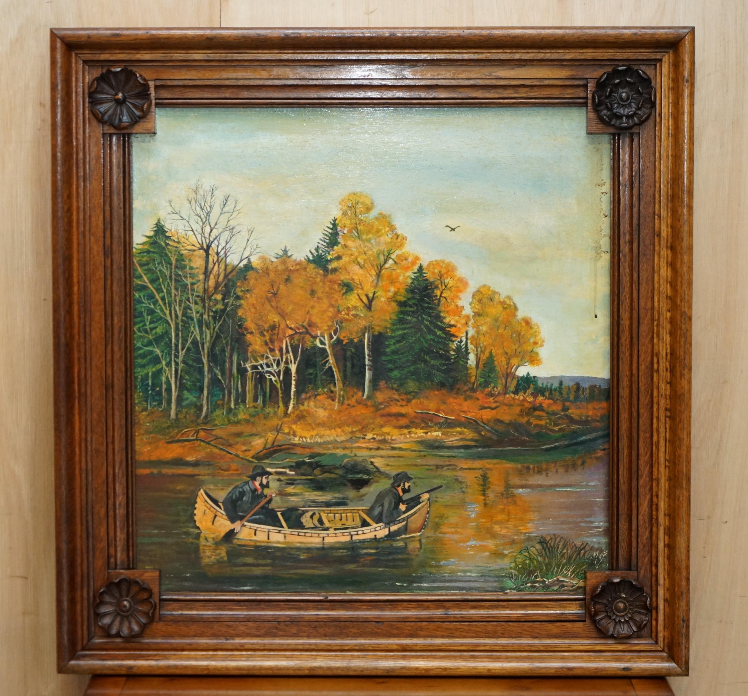 AIR OF LARGE ANTIQUE ORIGINAL SWEDISH OIL ON BOARD PAINTINGS CHUNKY OAK FRAMEs im Angebot 7