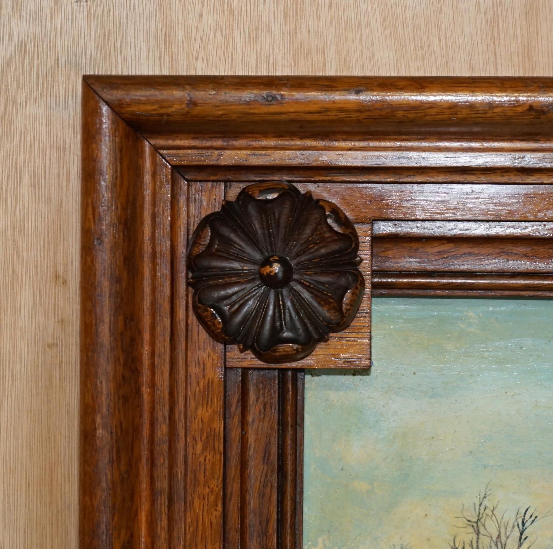 AIR OF LARGE ANTIQUE ORIGINAL SWEDISH OIL ON BOARD PAINTINGS CHUNKY OAK FRAMEs im Angebot 8