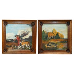 PAIR OF LARGE ANTIQUE ORIGINAL SWEDISH OIL ON BOARD PAINTINGS CHUNKY OAK FRAMEs