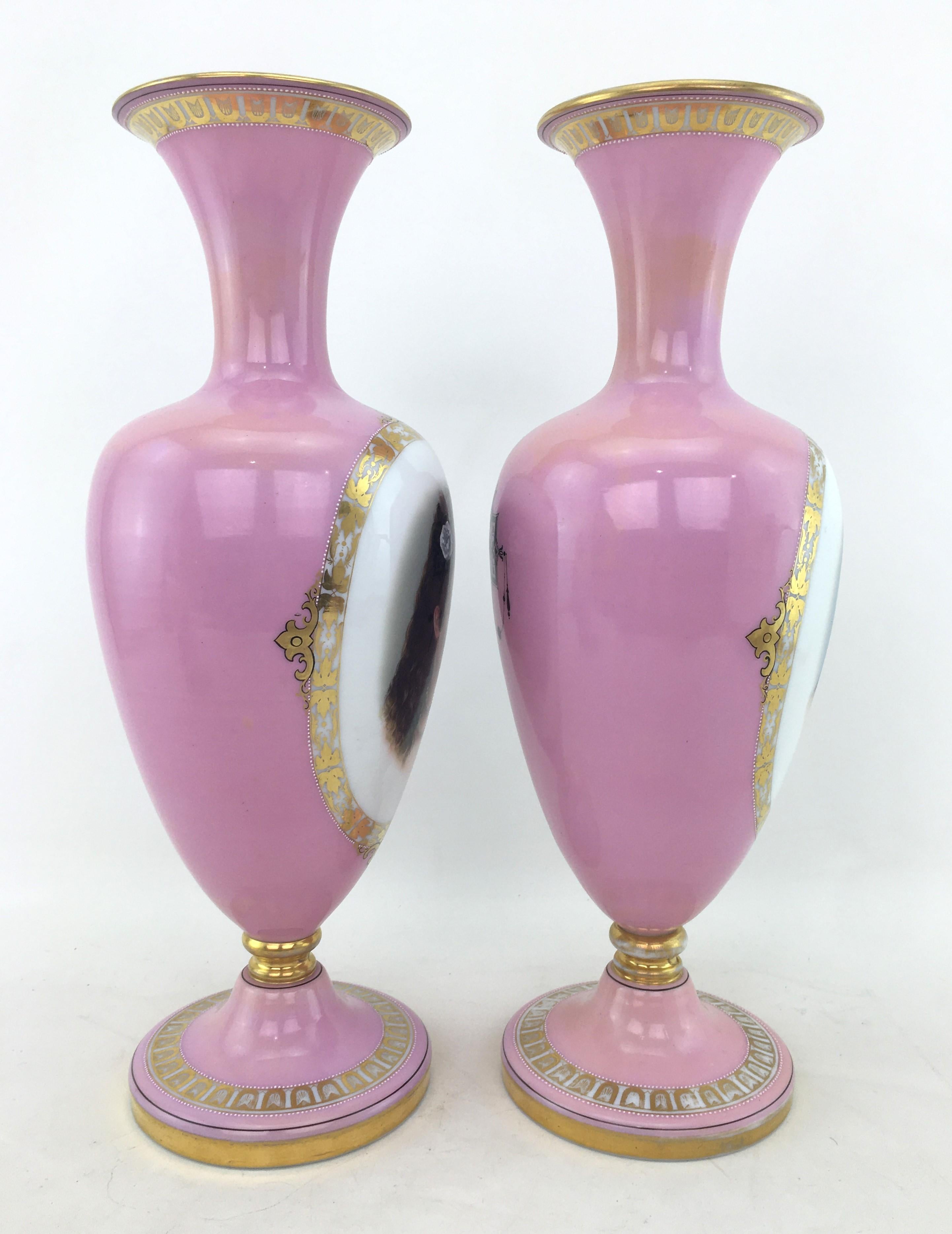 Pair of Large Antique Pink Enameled Glass Portrait Vases with Gilt Accents For Sale 3
