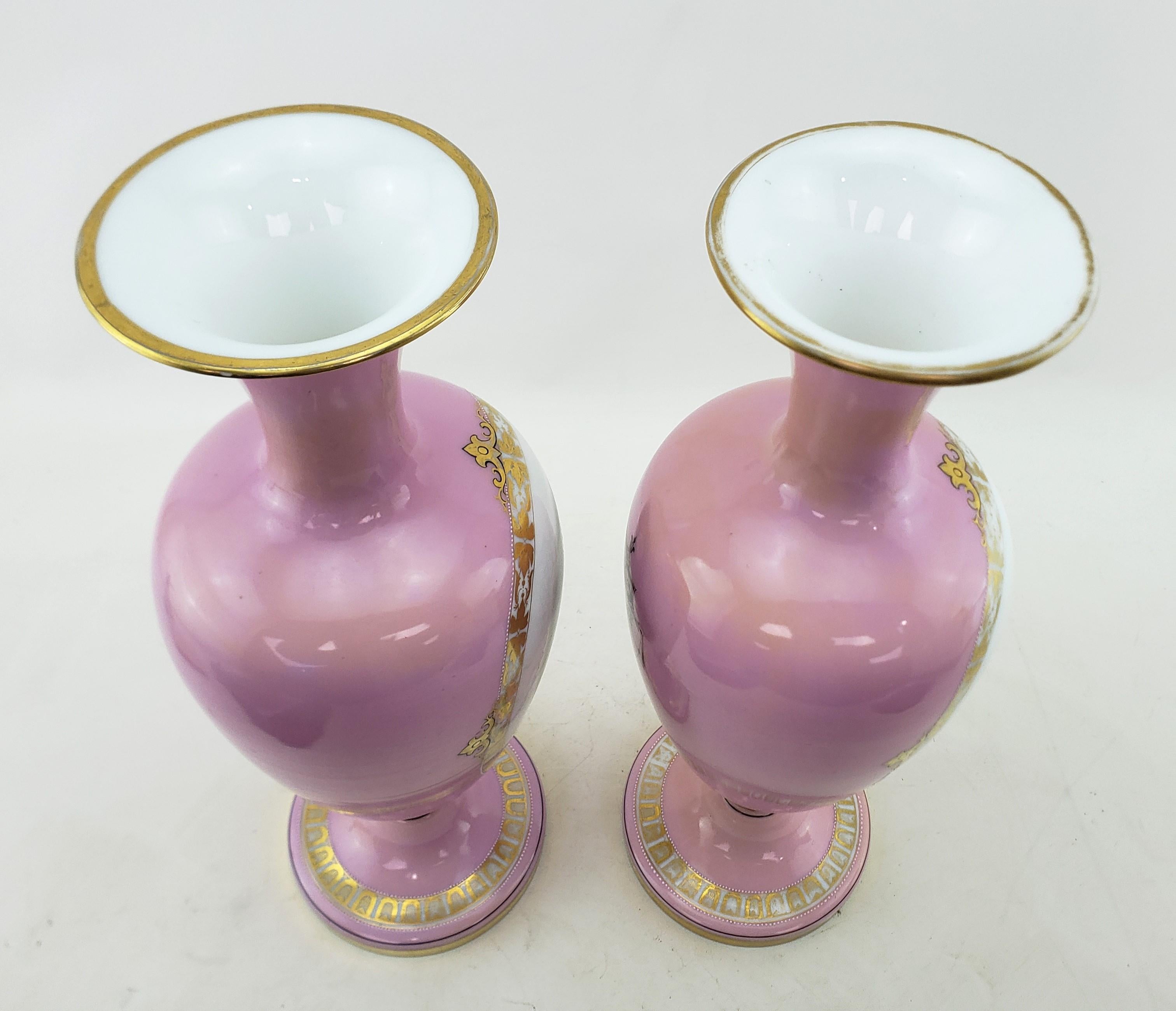 Pair of Large Antique Pink Enameled Glass Portrait Vases with Gilt Accents For Sale 4