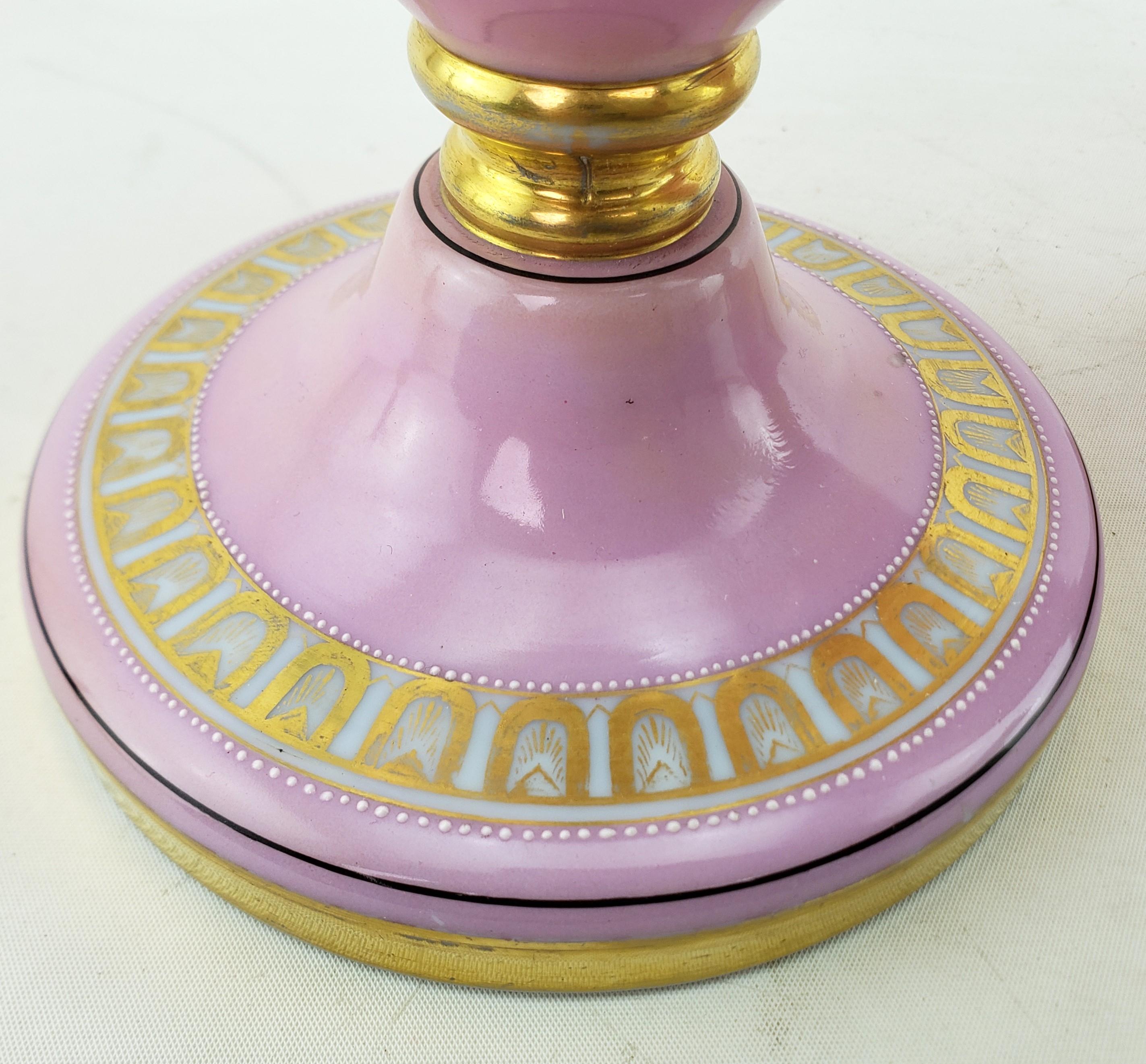 Pair of Large Antique Pink Enameled Glass Portrait Vases with Gilt Accents 5