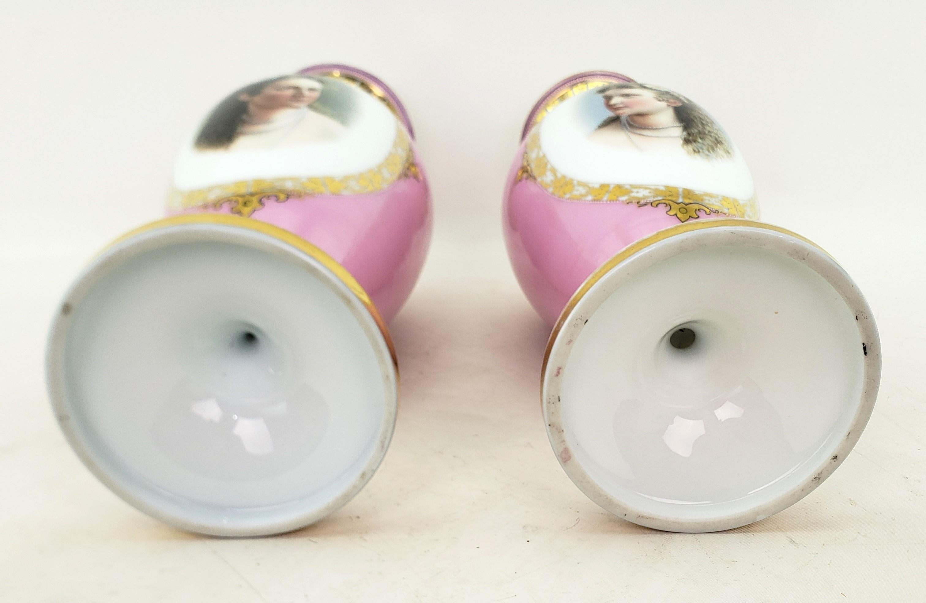 Pair of Large Antique Pink Enameled Glass Portrait Vases with Gilt Accents 6