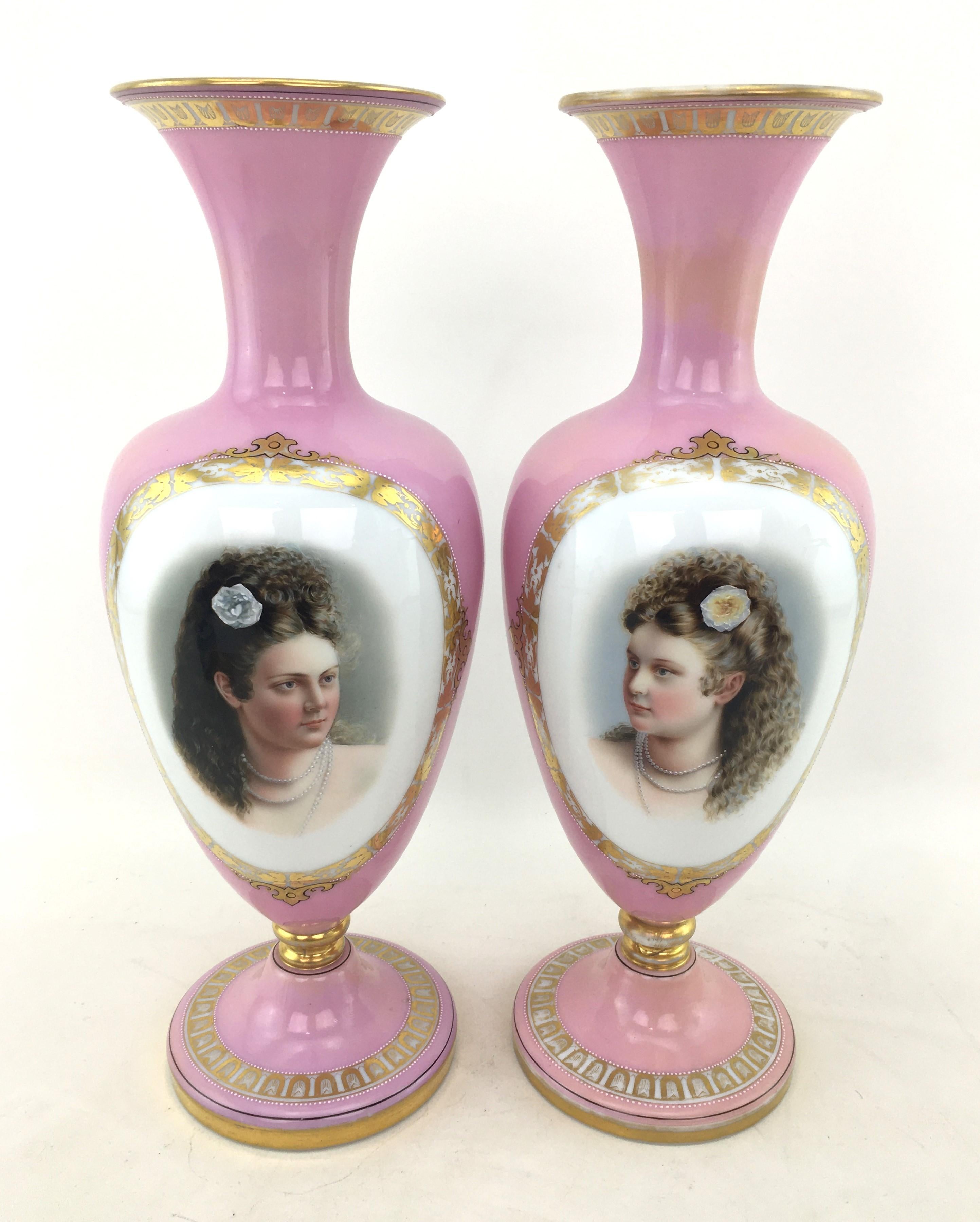 Pair of Large Antique Pink Enameled Glass Portrait Vases with Gilt Accents For Sale 10