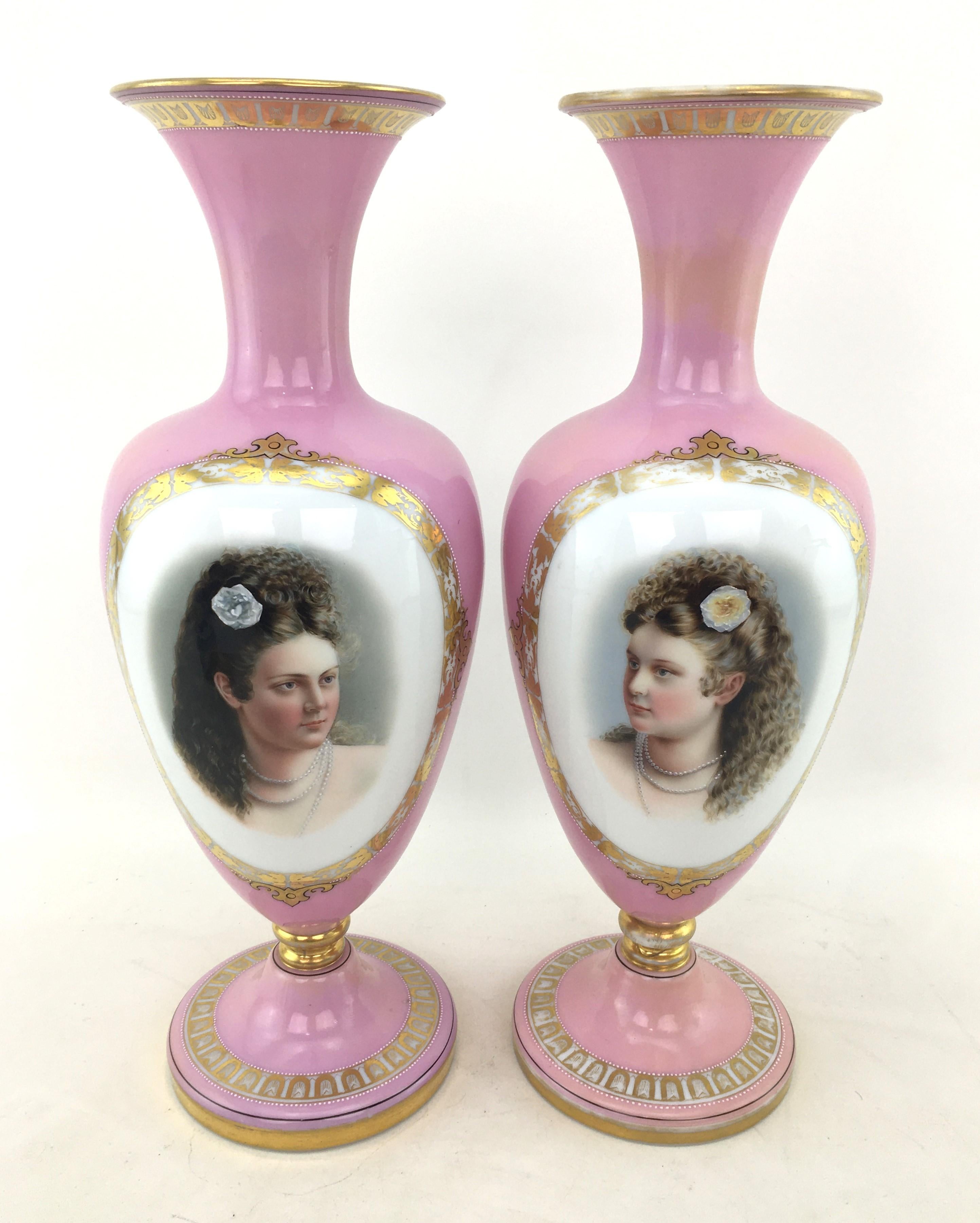 Pair of Large Antique Pink Enameled Glass Portrait Vases with Gilt Accents 10